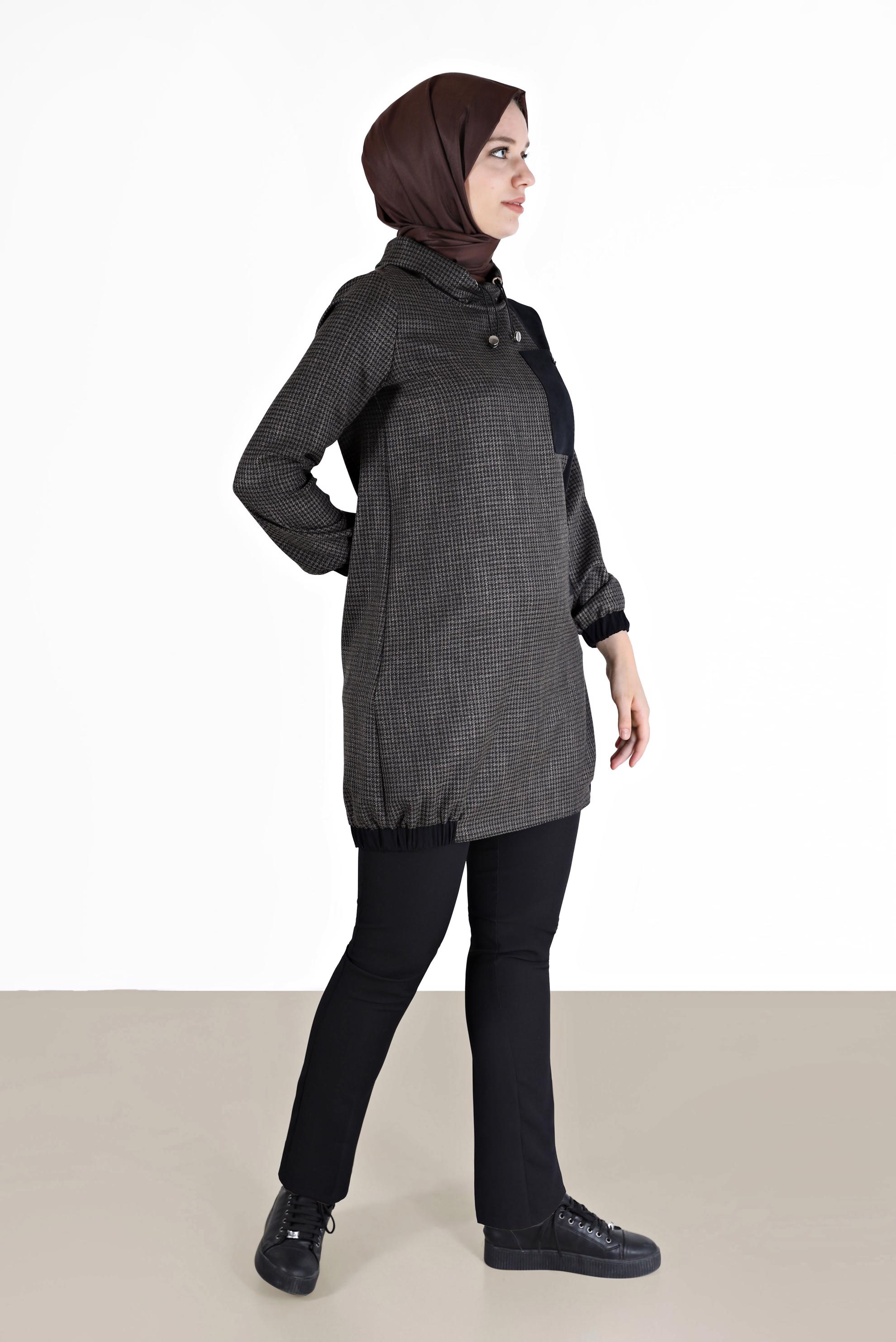 Tesettür giyim SİYAH MANŞETLERİ VE ETEK UCU LASTİKLİ PÖTİKARE TUNİK 42356 