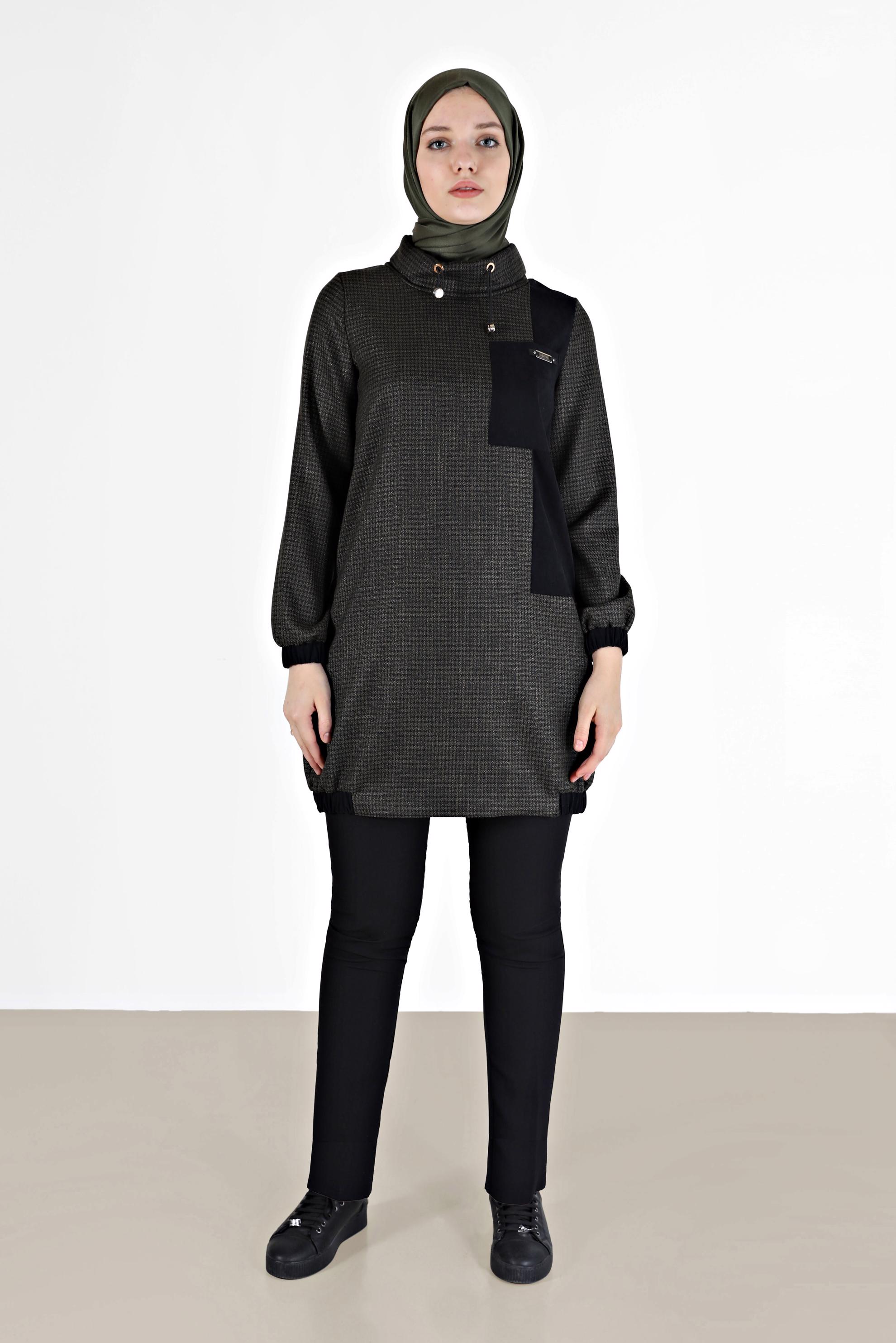 Tesettür giyim SİYAH MANŞETLERİ VE ETEK UCU LASTİKLİ PÖTİKARE TUNİK 42356 