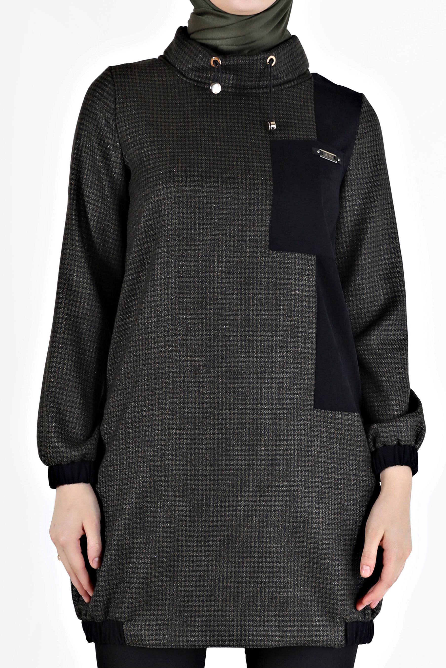 Tesettür giyim SİYAH MANŞETLERİ VE ETEK UCU LASTİKLİ PÖTİKARE TUNİK 42356 