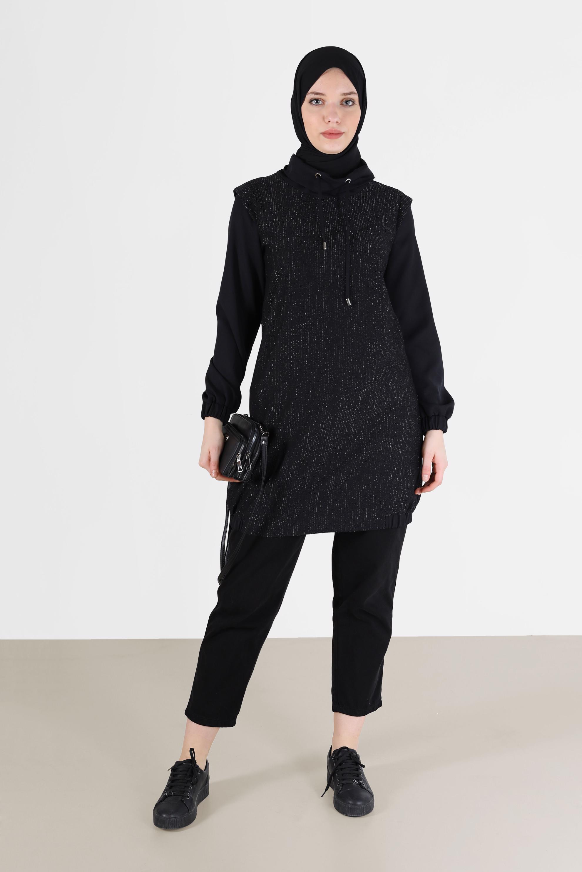Tesettür giyim SİYAH DEGAJE YAKA SİMLİ TUNİK 42357 