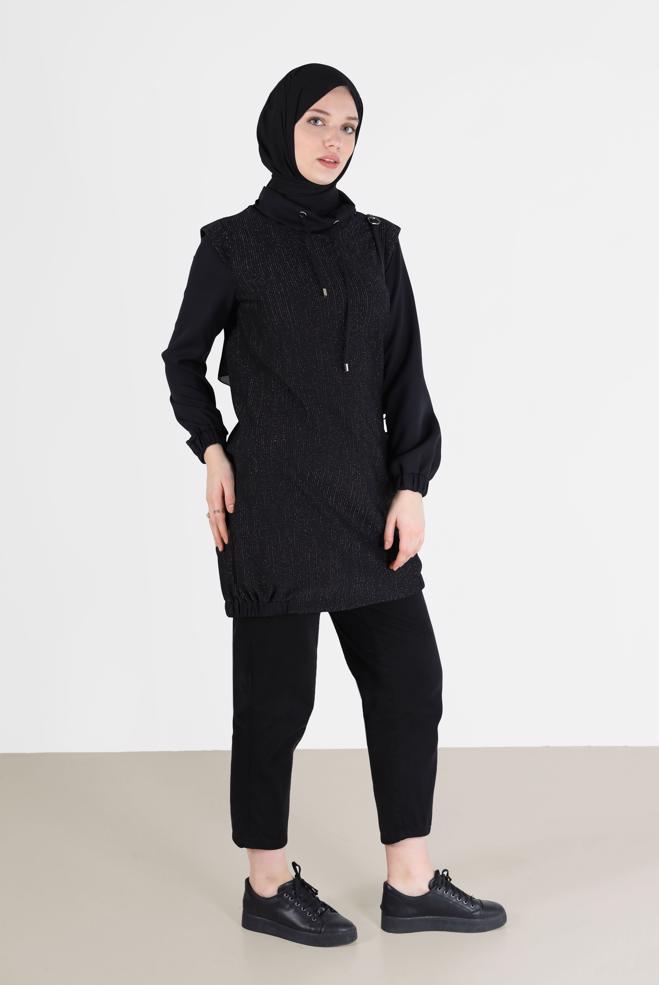 Tesettür giyim SİYAH DEGAJE YAKA SİMLİ TUNİK 42357  - ALVİNA