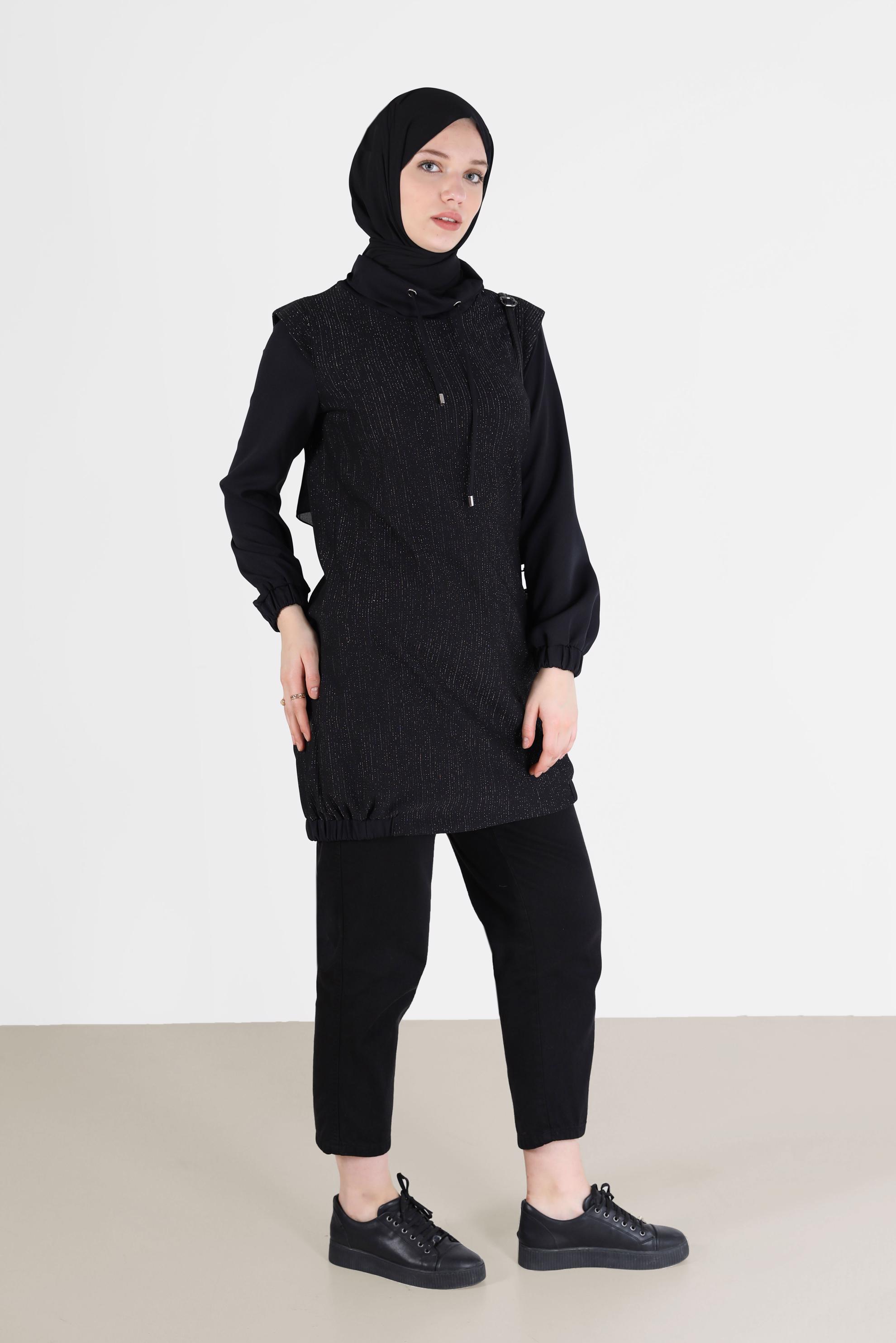 Tesettür giyim SİYAH DEGAJE YAKA SİMLİ TUNİK 42357 