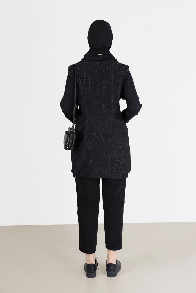 Tesettür giyim SİYAH DEGAJE YAKA SİMLİ TUNİK 42357  - ALVİNA