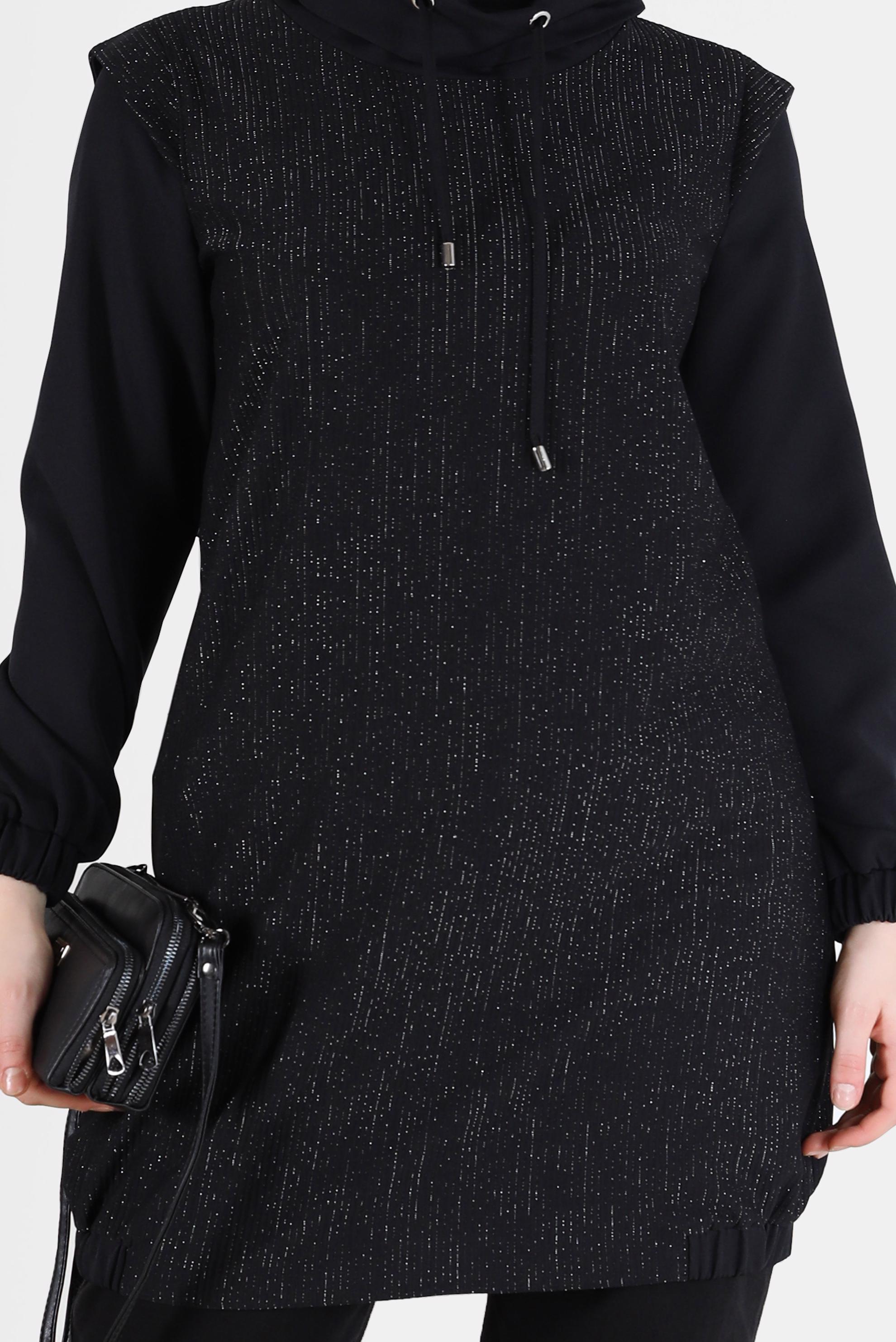 Tesettür giyim SİYAH DEGAJE YAKA SİMLİ TUNİK 42357 