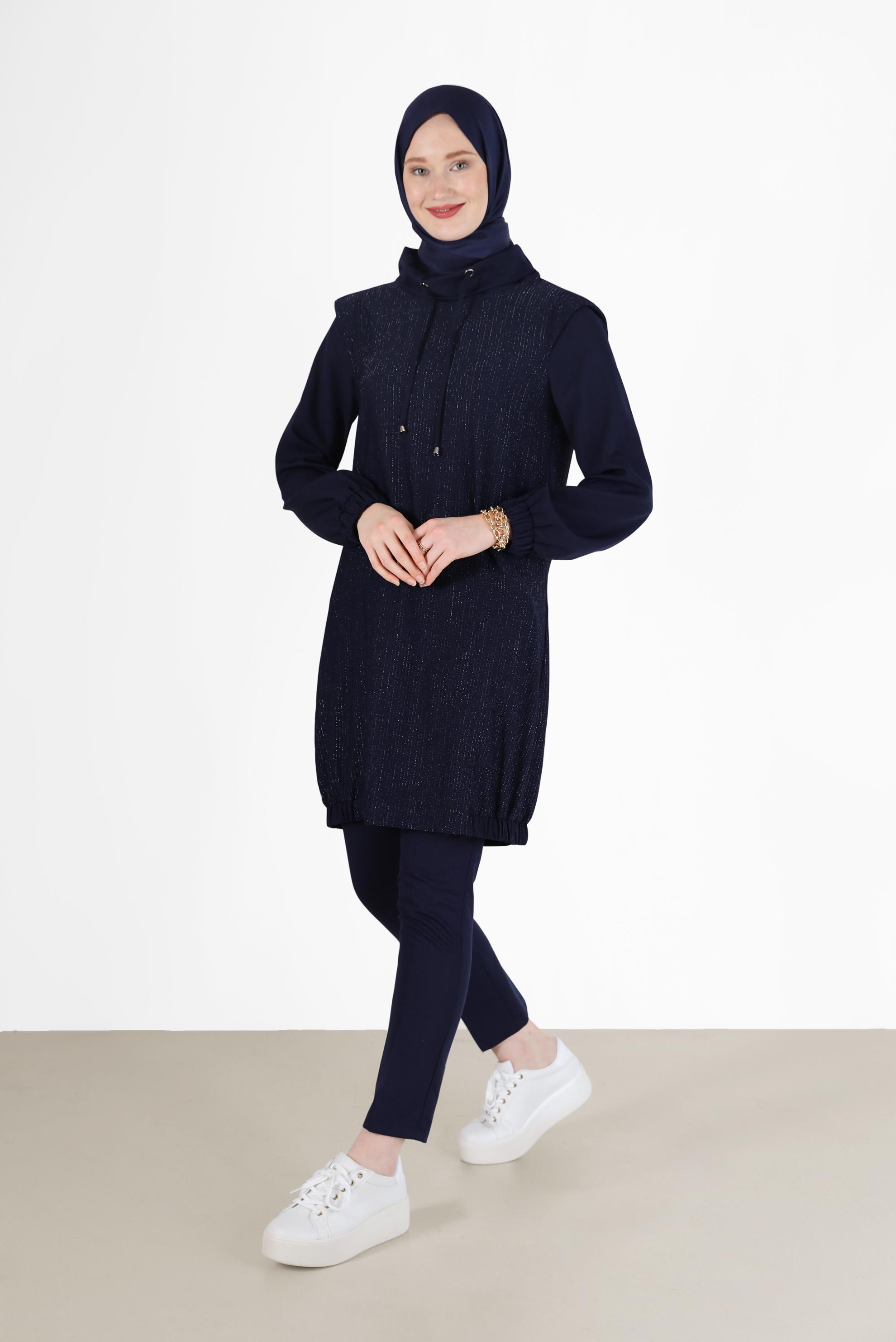 Tesettür giyim LACİVERT DEGAJE YAKA SİMLİ TUNİK 42357 