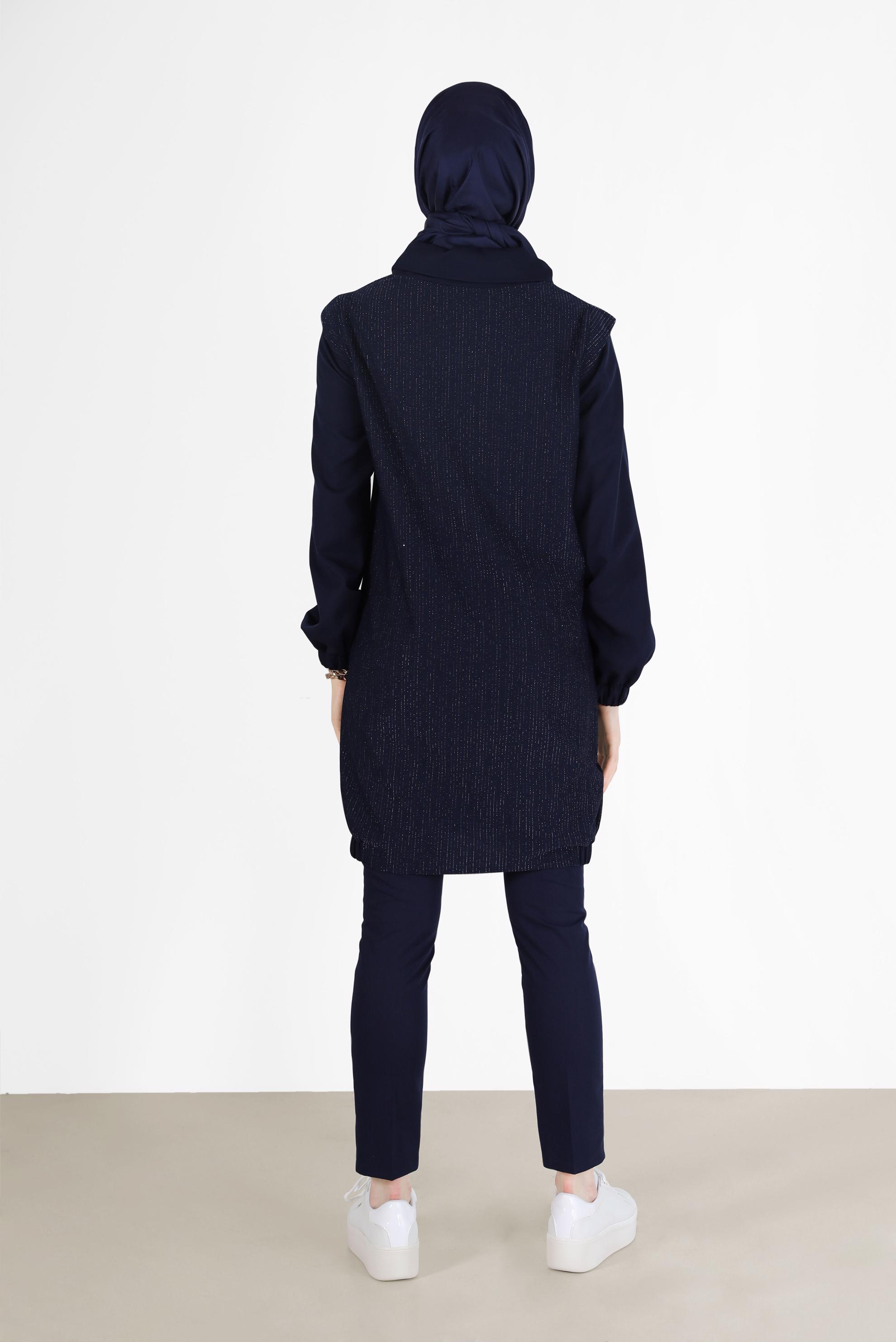 Tesettür giyim LACİVERT DEGAJE YAKA SİMLİ TUNİK 42357 