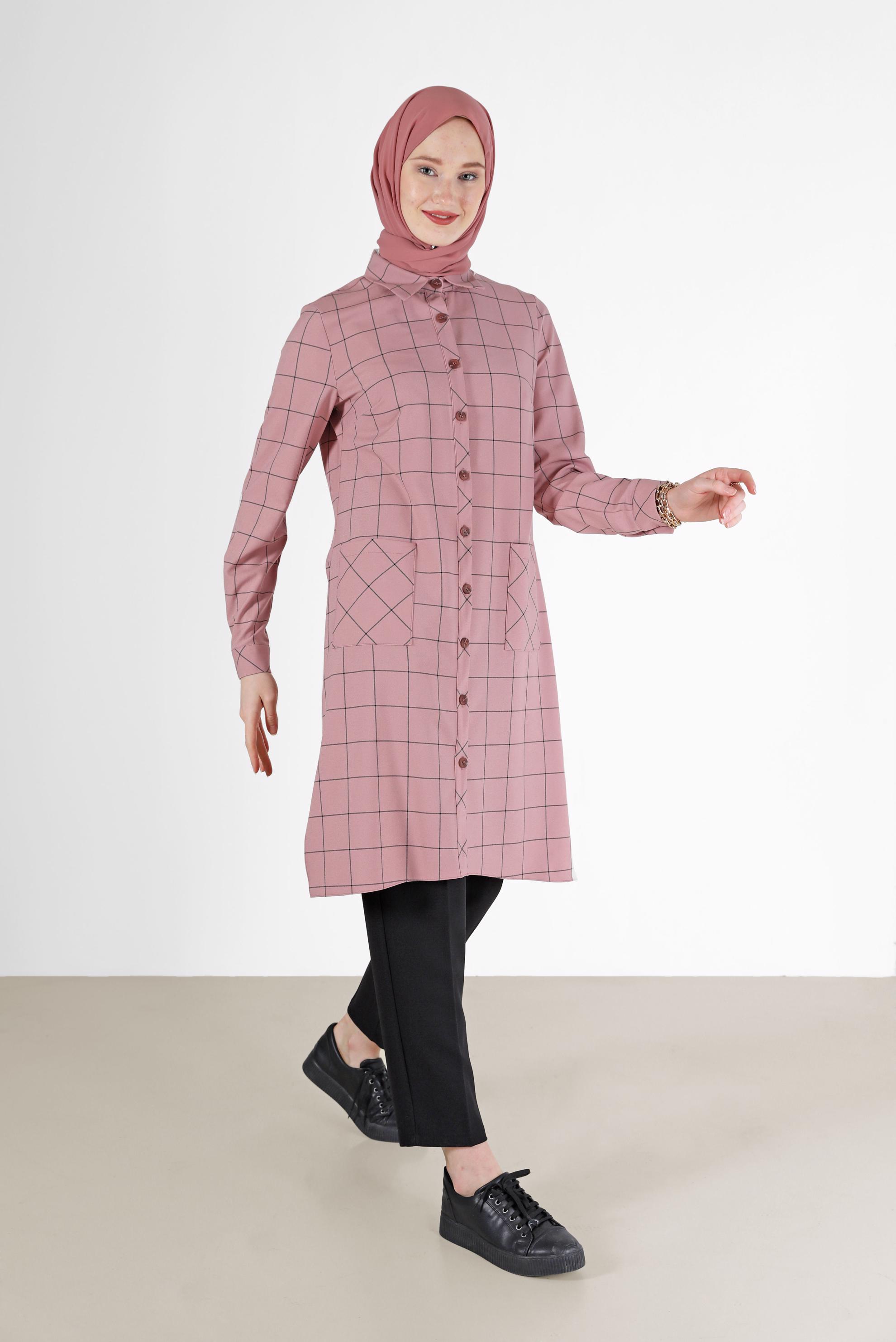 Hijab clothing POWDER CHECKED POCKET DETAIL TUNIC 42358 