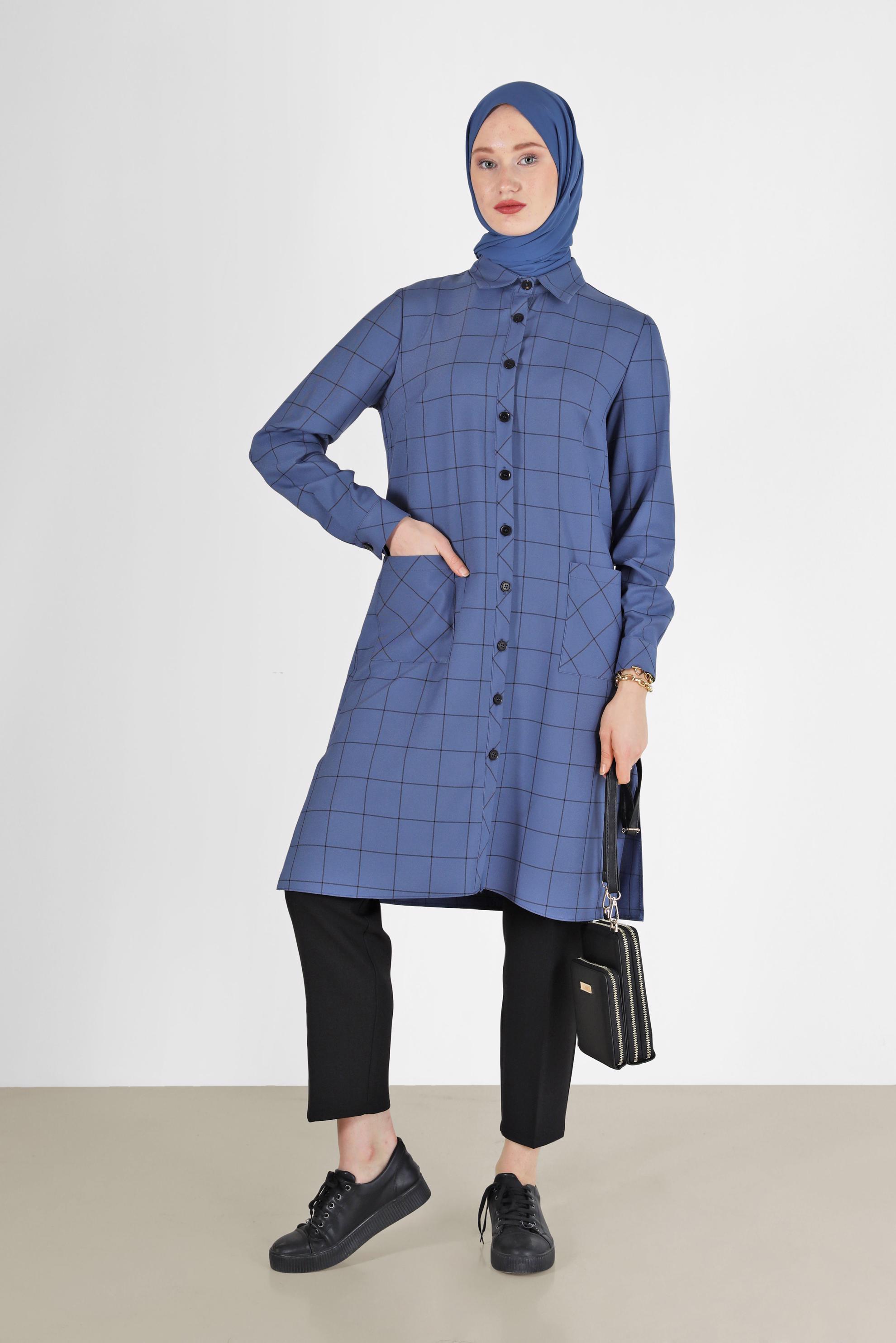 Hijab clothing NAVY BLUE CHECKED POCKET DETAIL TUNIC 42358 