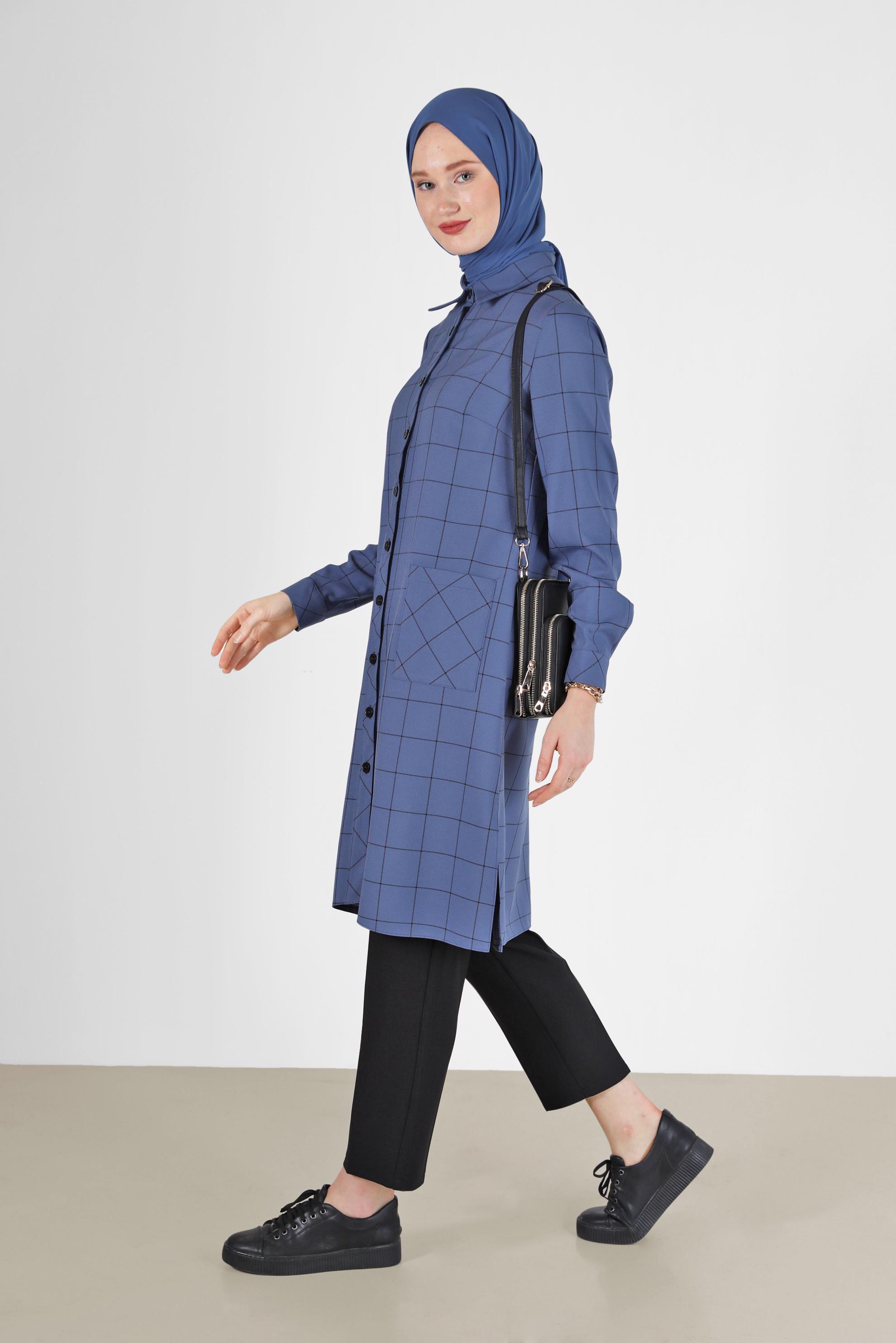 Hijab clothing NAVY BLUE CHECKED POCKET DETAIL TUNIC 42358 
