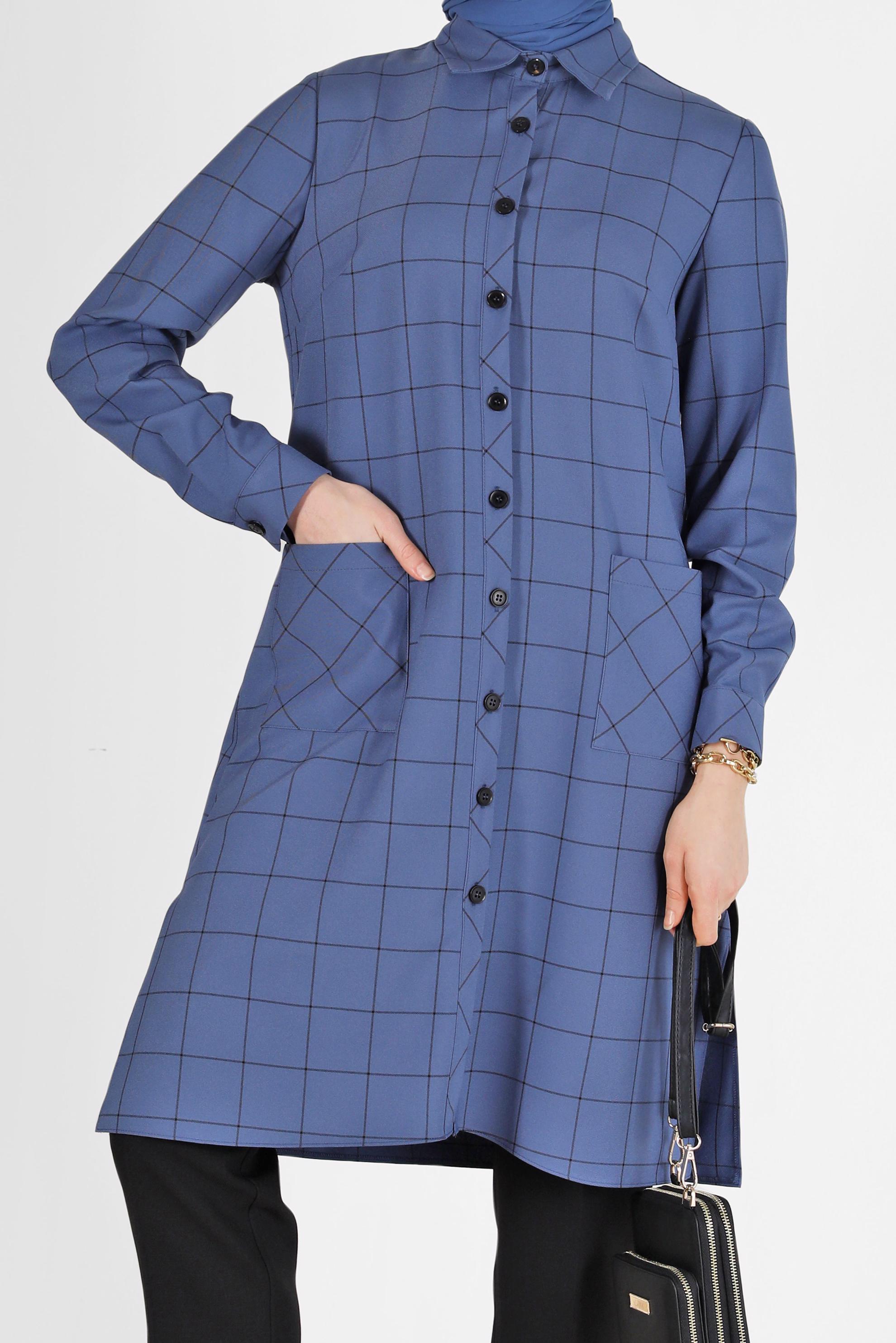 Hijab clothing NAVY BLUE CHECKED POCKET DETAIL TUNIC 42358 