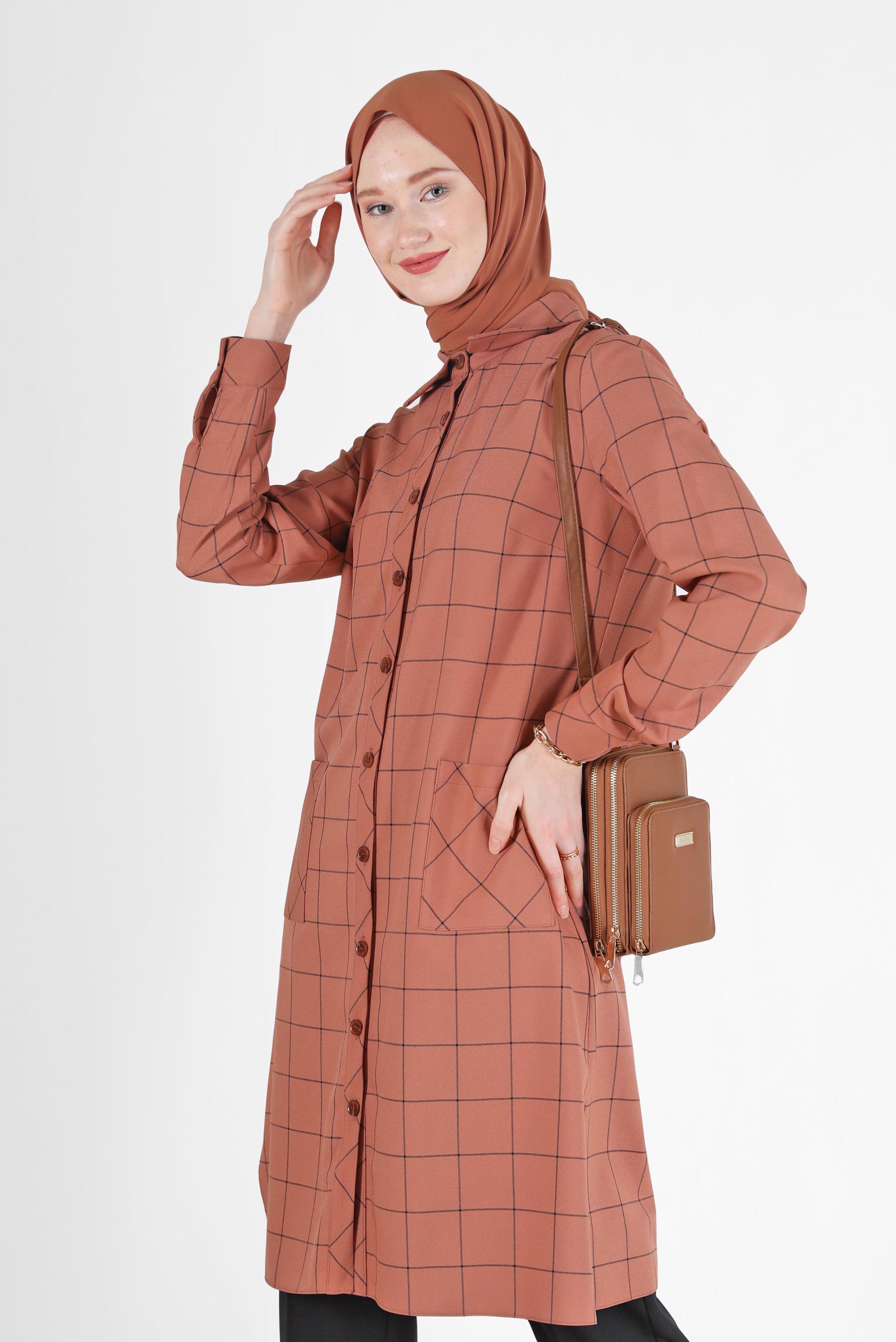 Hijab clothing BROWN CHECKED POCKET DETAIL TUNIC 42358 