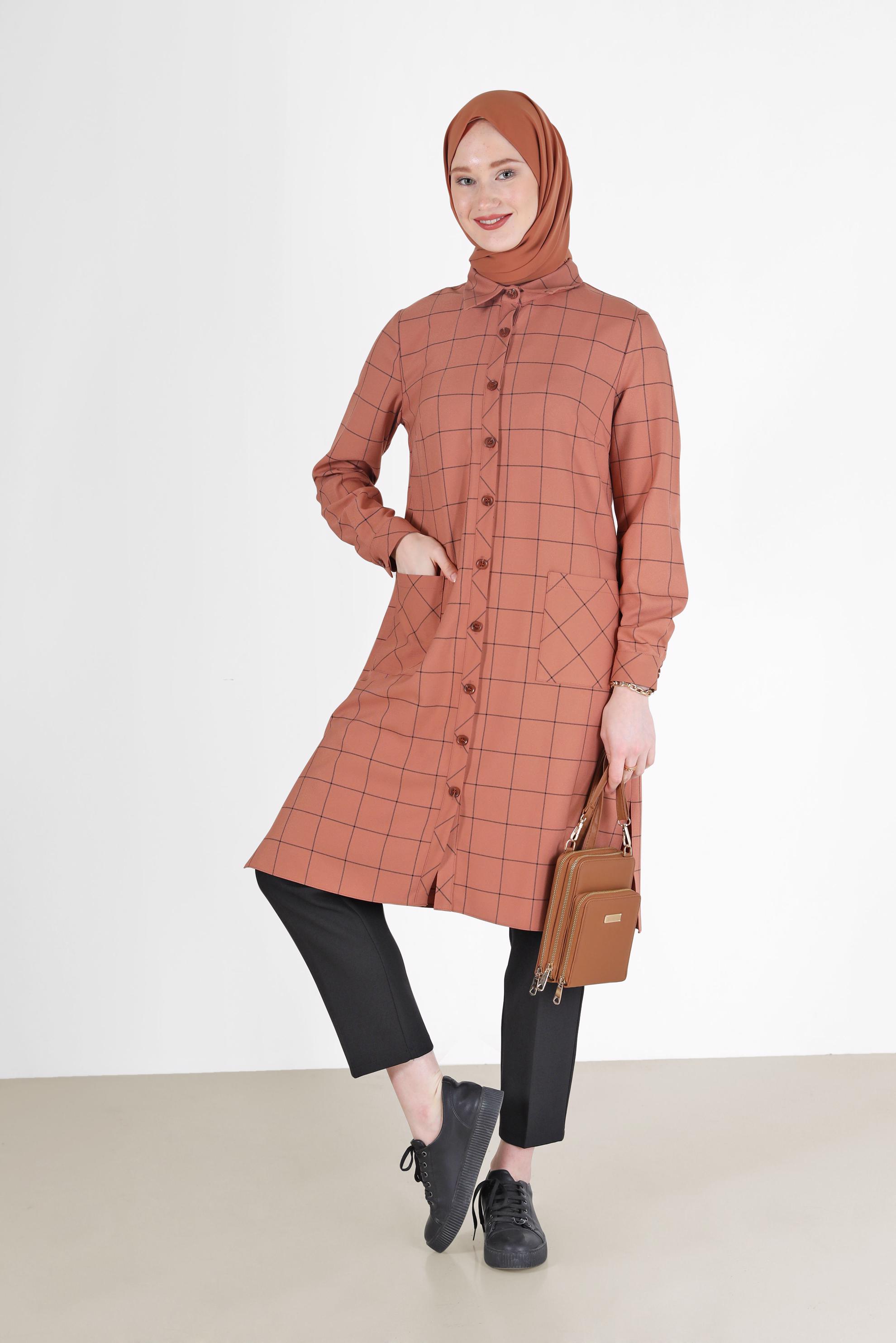 Hijab clothing BROWN CHECKED POCKET DETAIL TUNIC 42358 