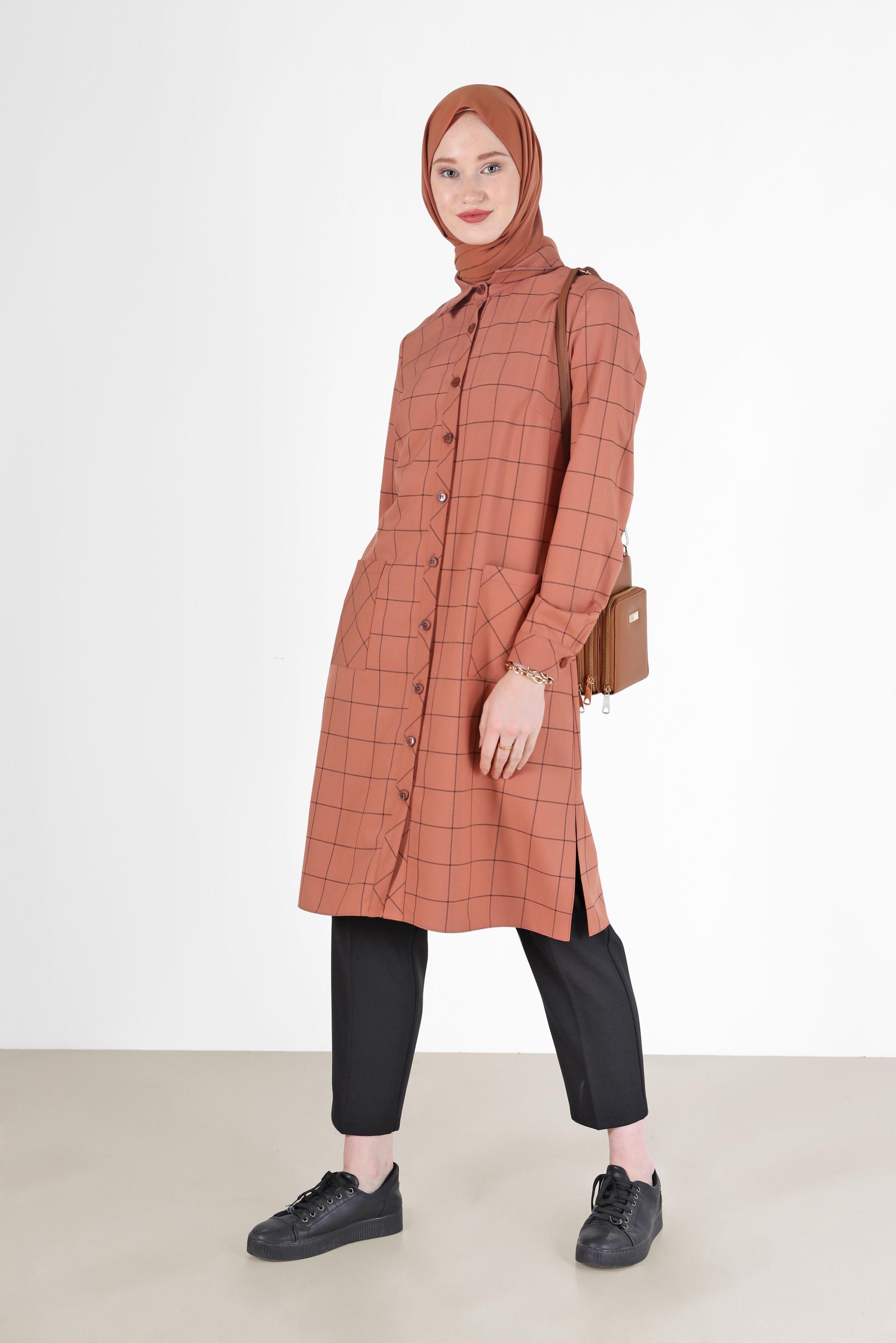 Hijab clothing BROWN CHECKED POCKET DETAIL TUNIC 42358 
