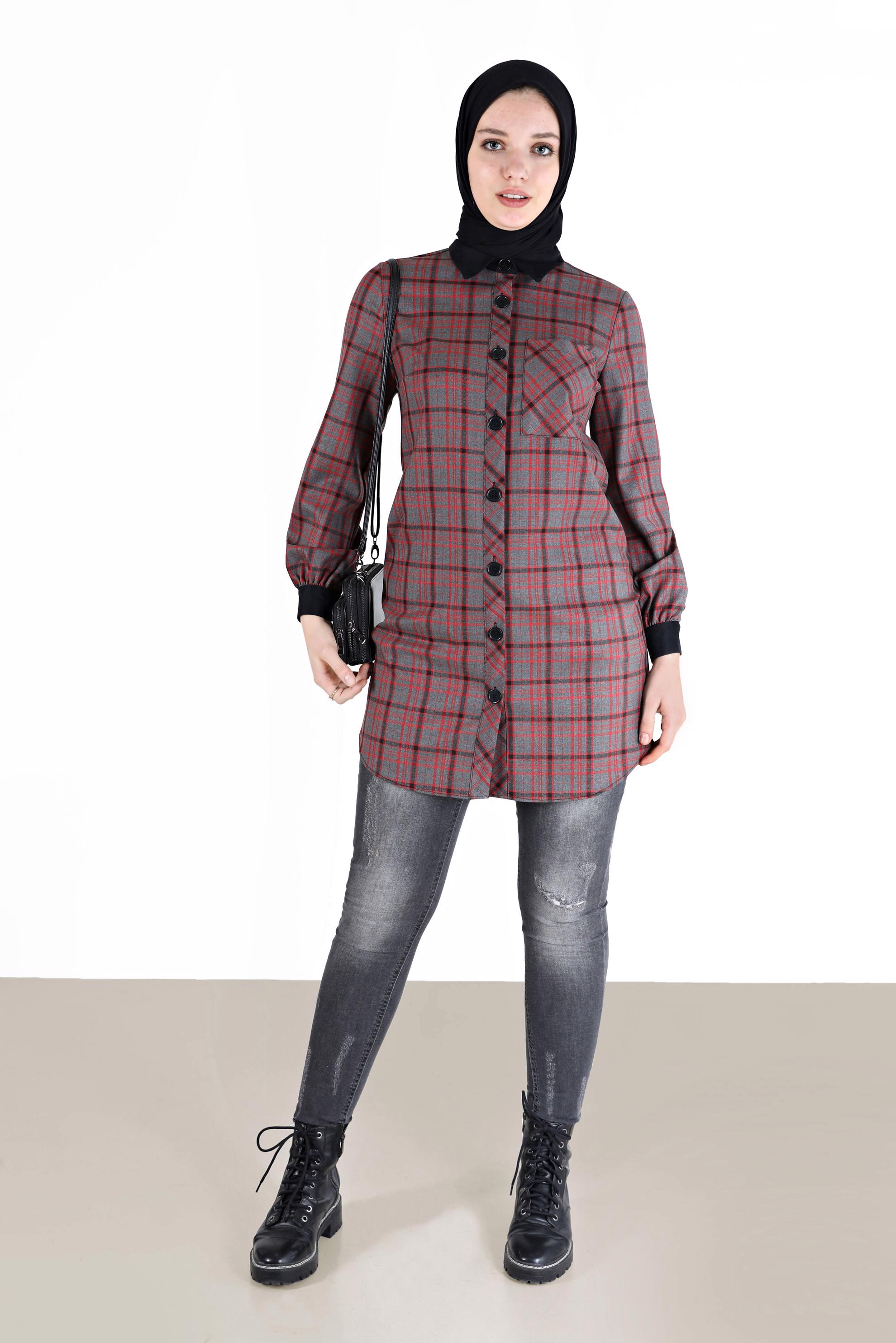 Tesettür giyim SİYAH DÜĞMELİ CEP DETAYLI EKOSE TUNİK 42359 