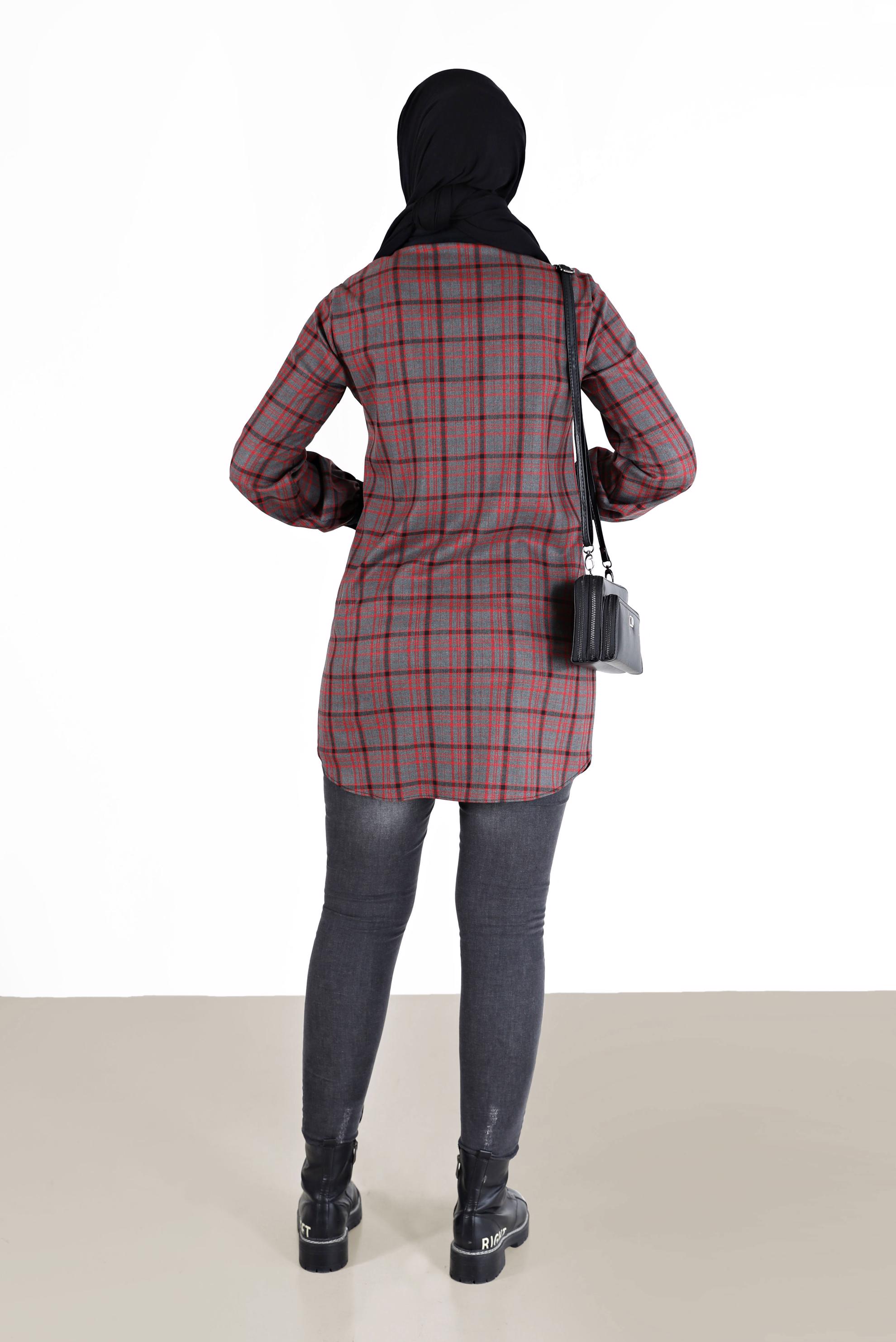 Tesettür giyim SİYAH DÜĞMELİ CEP DETAYLI EKOSE TUNİK 42359 