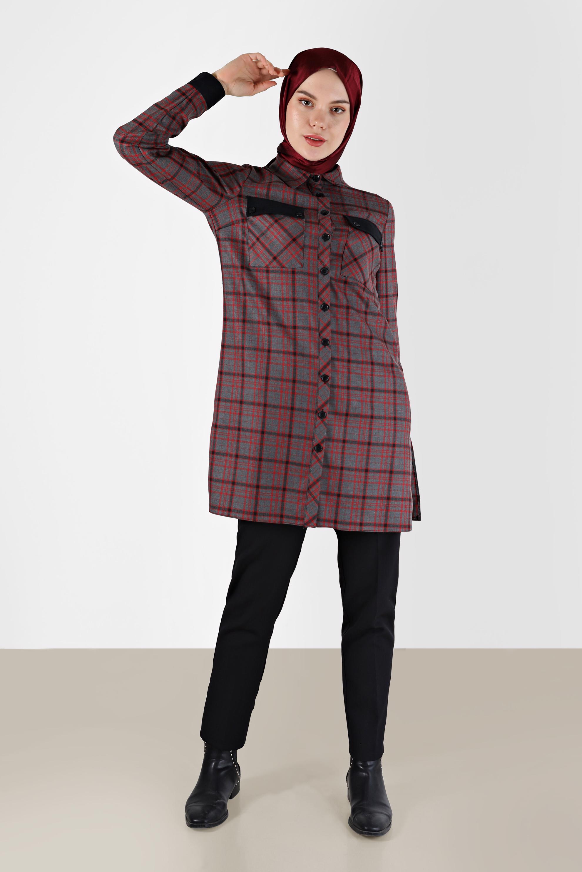 Tesettür giyim SİYAH CEP DETAYLI EKOSE DESEN TUNİK 42360 