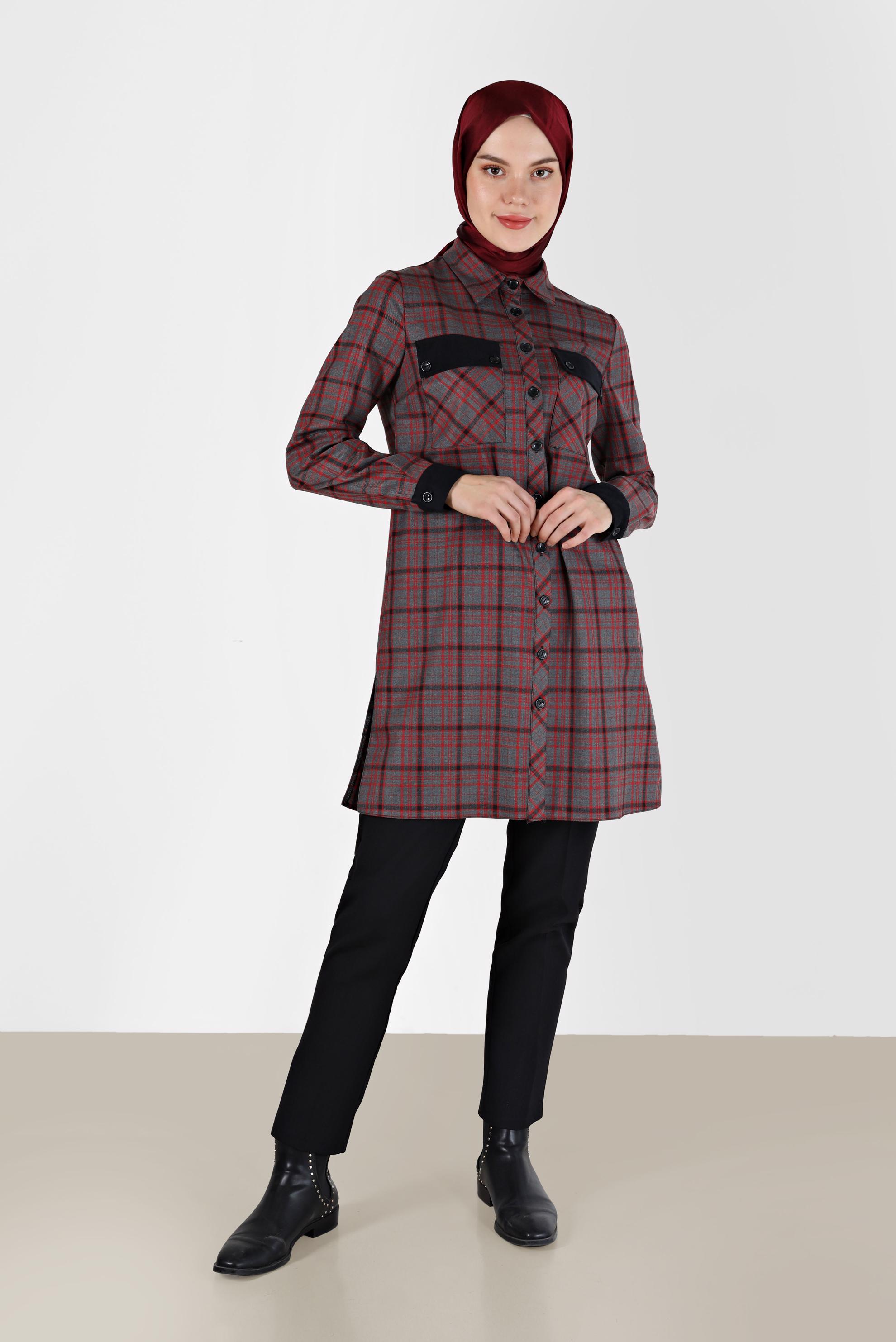 Tesettür giyim SİYAH CEP DETAYLI EKOSE DESEN TUNİK 42360 