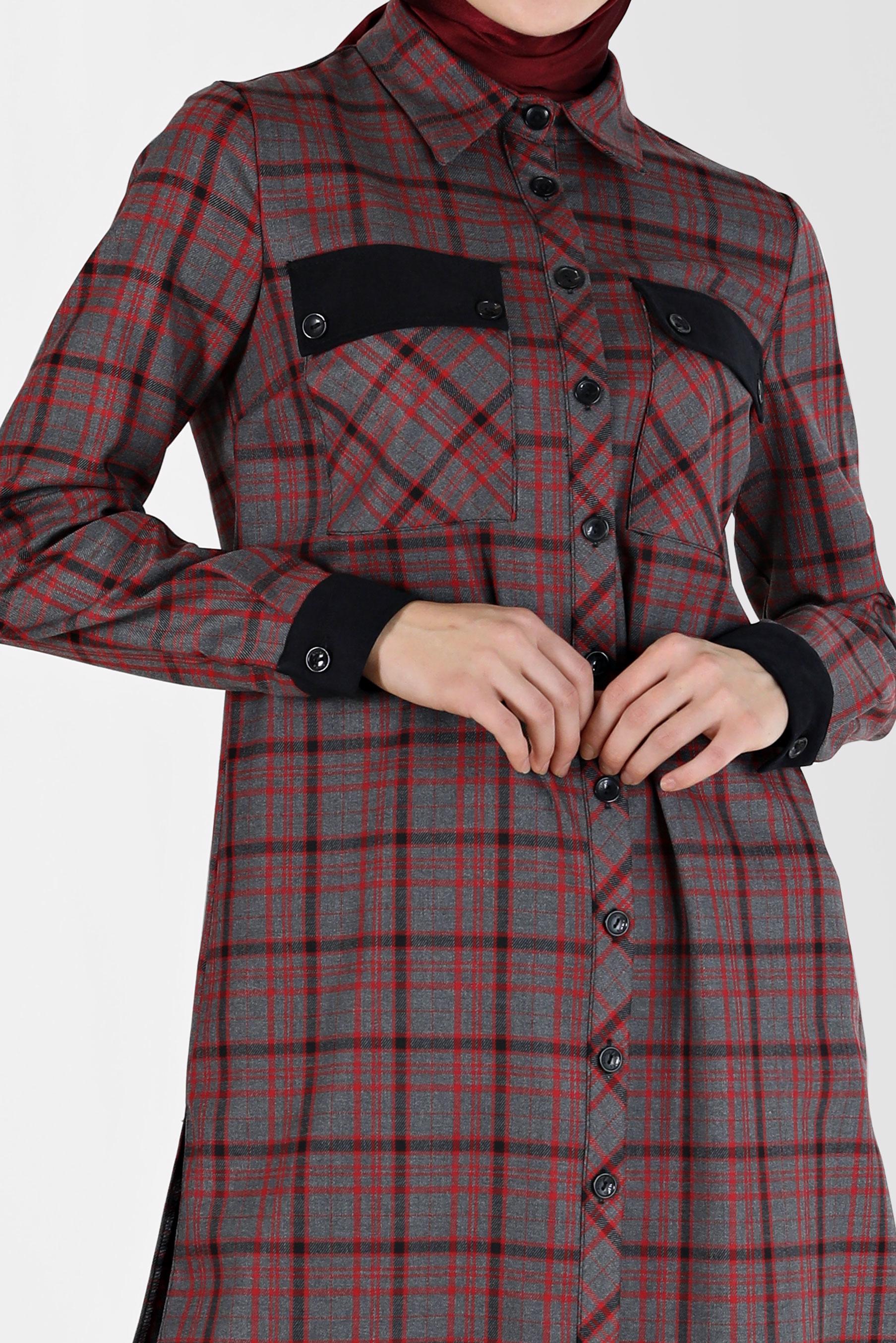 Tesettür giyim SİYAH CEP DETAYLI EKOSE DESEN TUNİK 42360 