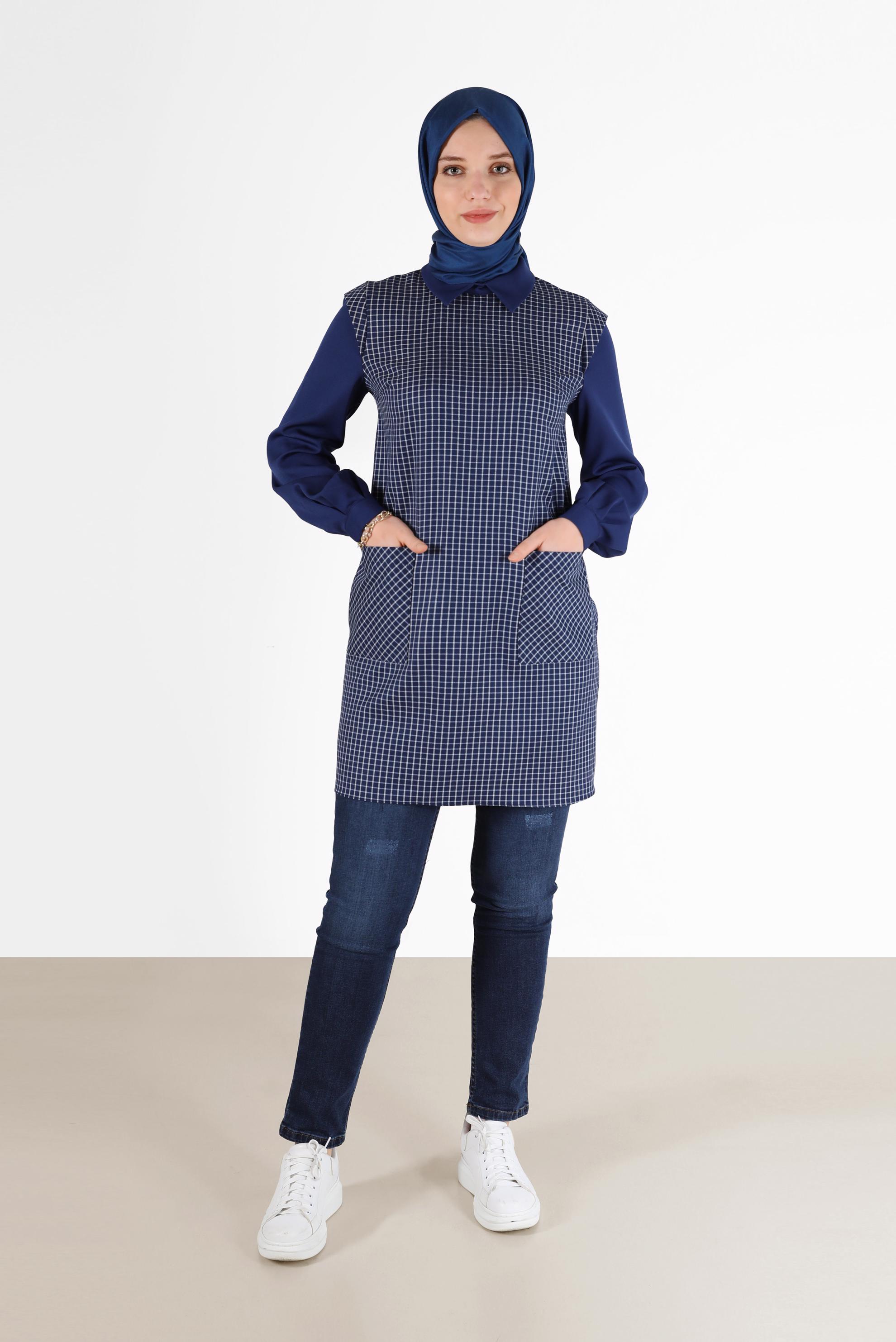 Tesettür giyim LACİVERT CEP DETAYLI PÖTİKARELİ TUNİK 42361 