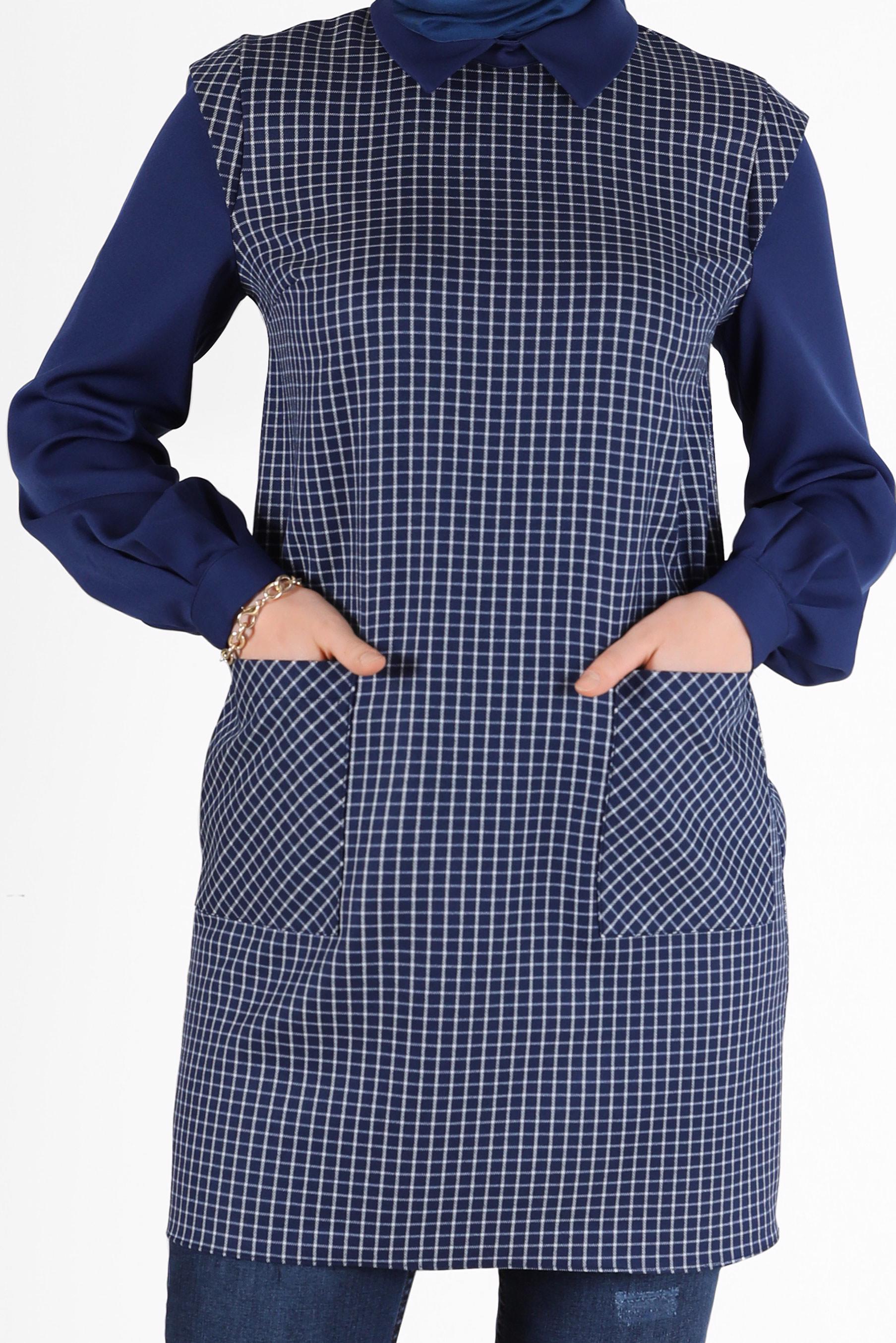 Tesettür giyim LACİVERT CEP DETAYLI PÖTİKARELİ TUNİK 42361 