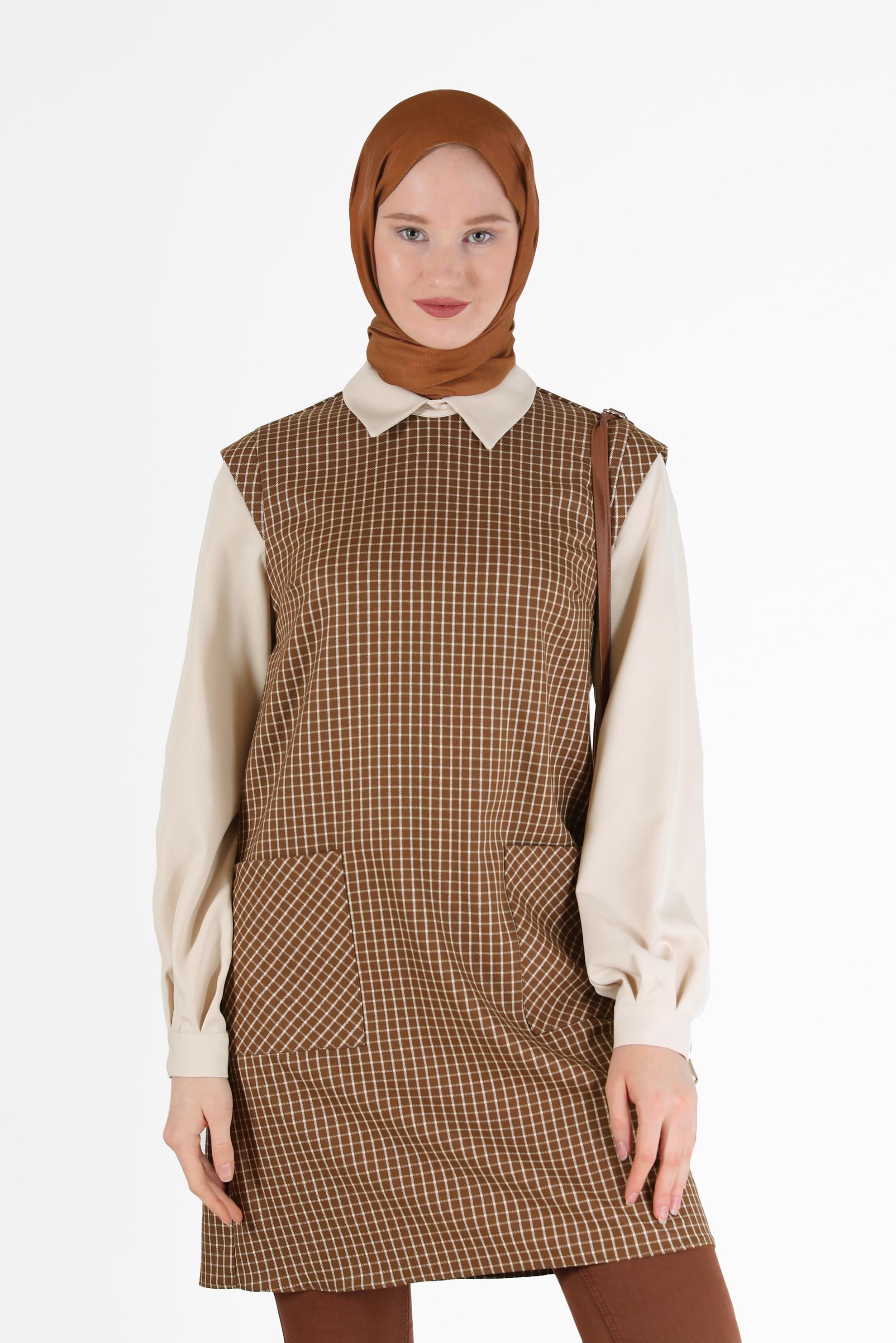 Tesettür giyim TABA CEP DETAYLI PÖTİKARELİ TUNİK 42361 