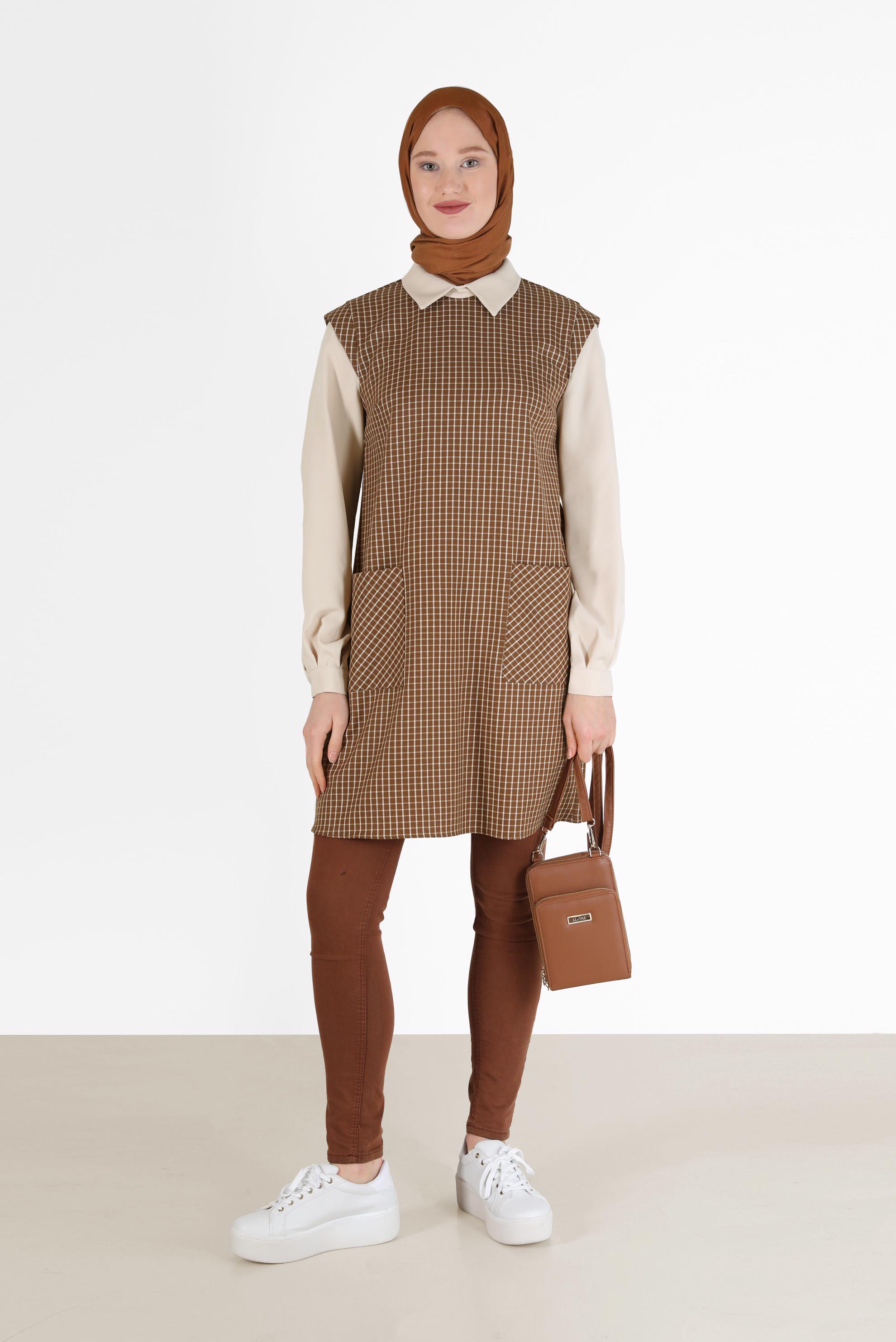 Tesettür giyim TABA CEP DETAYLI PÖTİKARELİ TUNİK 42361 