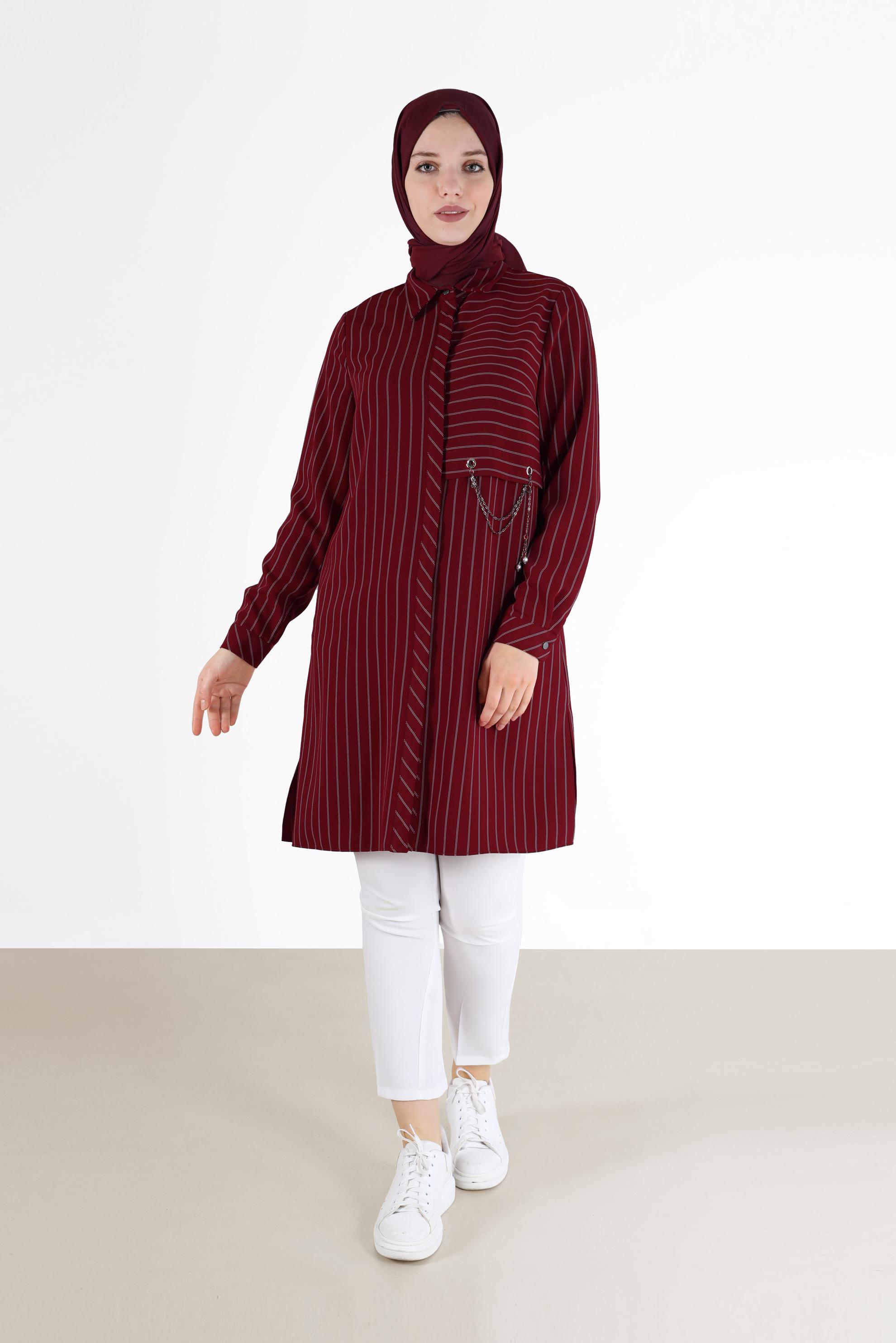 Tesettür giyim BORDO ZİNCİR DETAYLI ÇİZGİLİ TUNİK 42362 