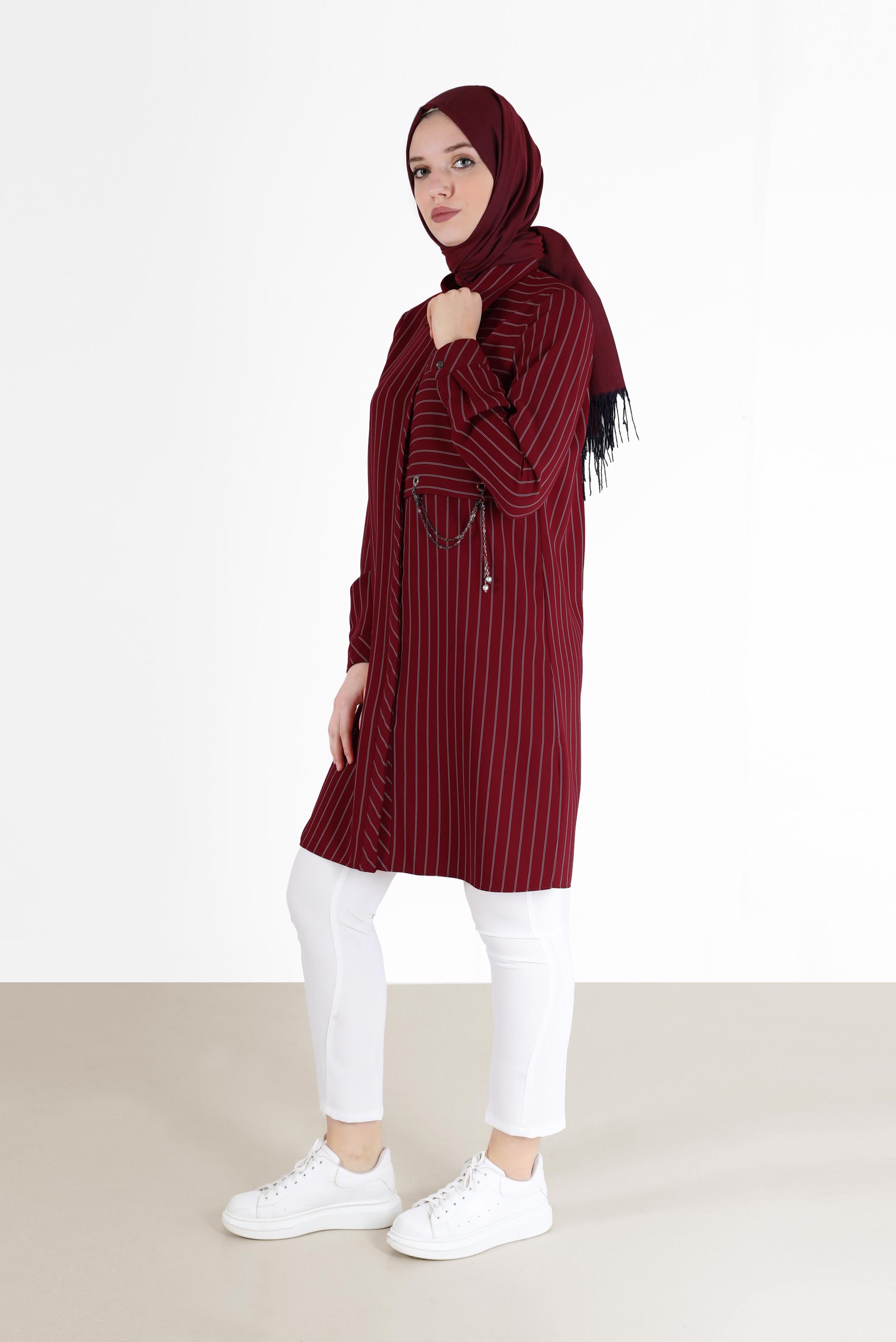 Tesettür giyim BORDO ZİNCİR DETAYLI ÇİZGİLİ TUNİK 42362 