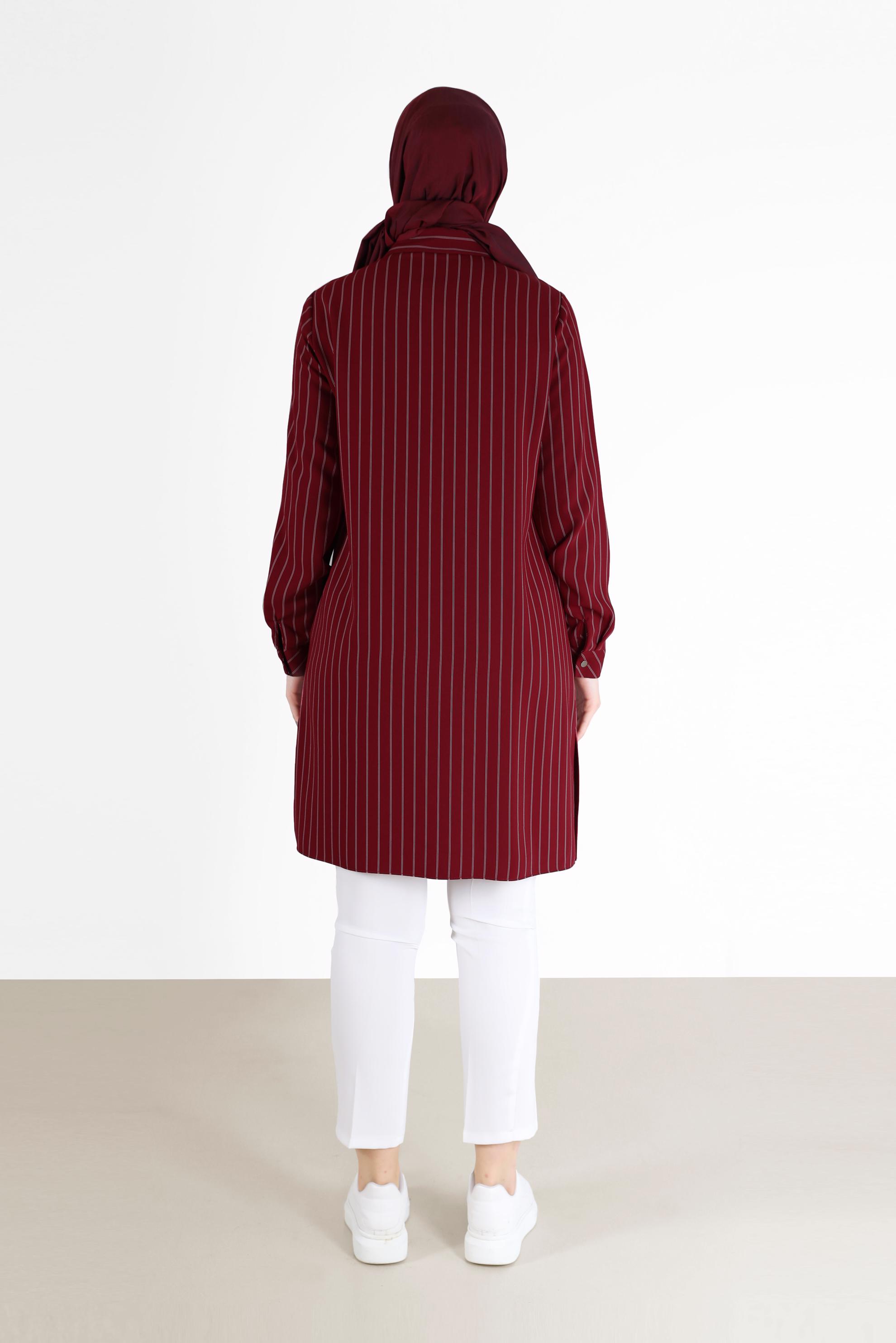 Tesettür giyim BORDO ZİNCİR DETAYLI ÇİZGİLİ TUNİK 42362 