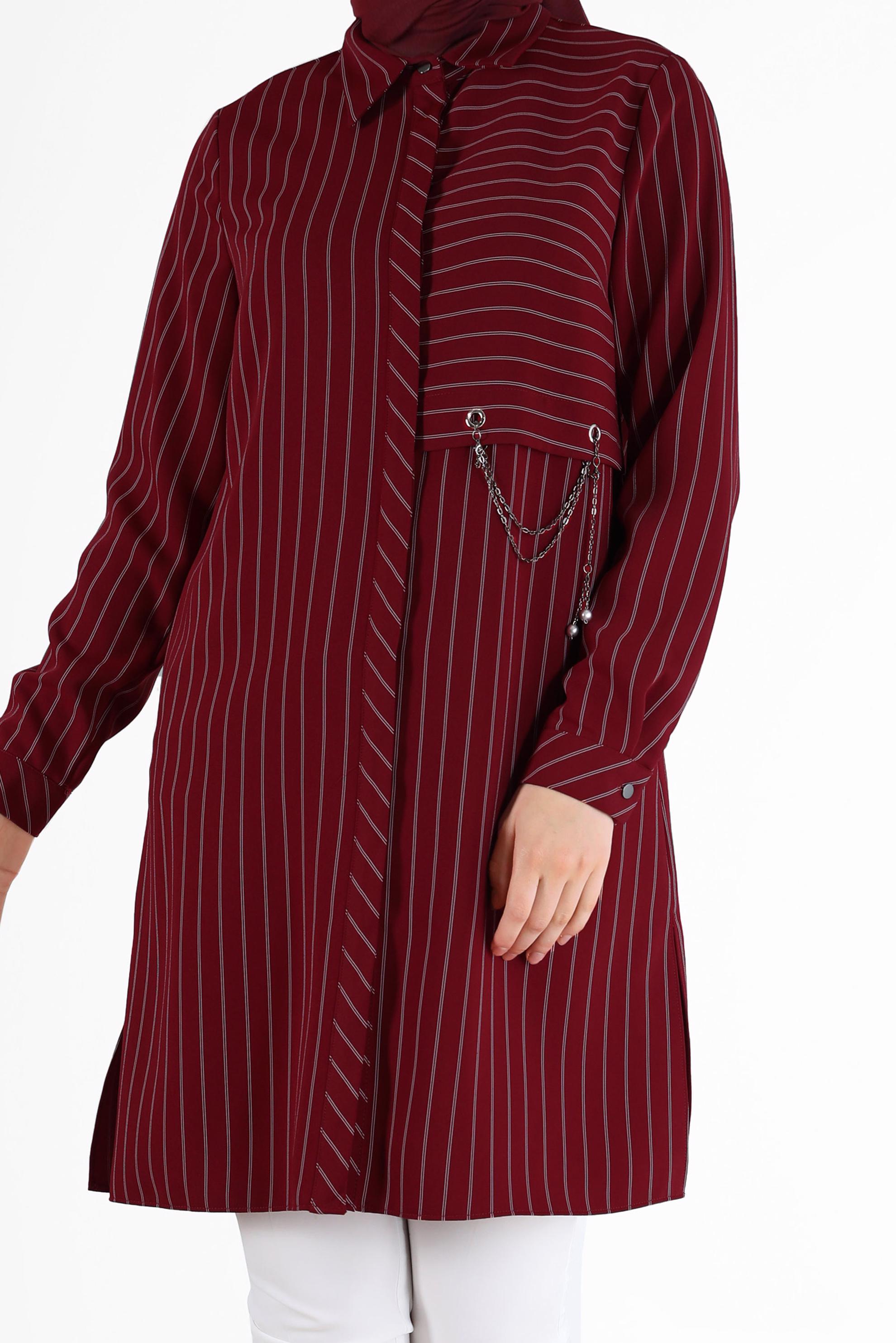 Tesettür giyim BORDO ZİNCİR DETAYLI ÇİZGİLİ TUNİK 42362 
