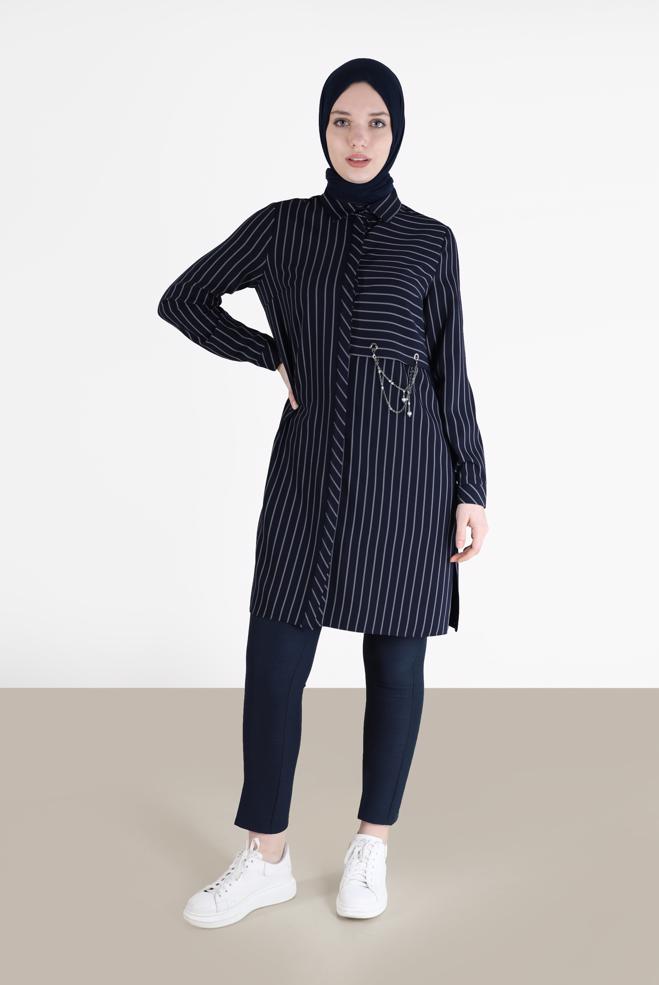 Tesettür giyim  ZİNCİR DETAYLI ÇİZGİLİ TUNİK 42362  - ALVİNA