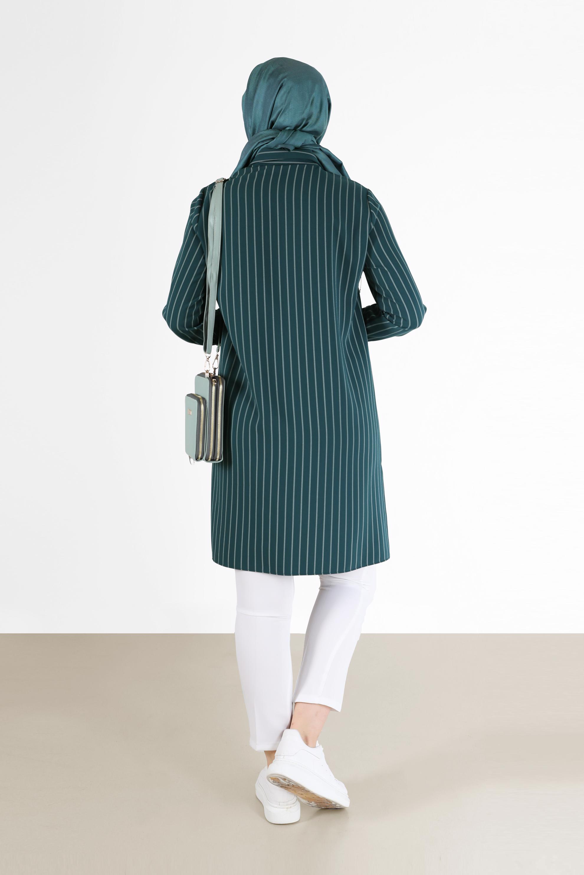 Tesettür giyim YEŞİL ZİNCİR DETAYLI ÇİZGİLİ TUNİK 42362 