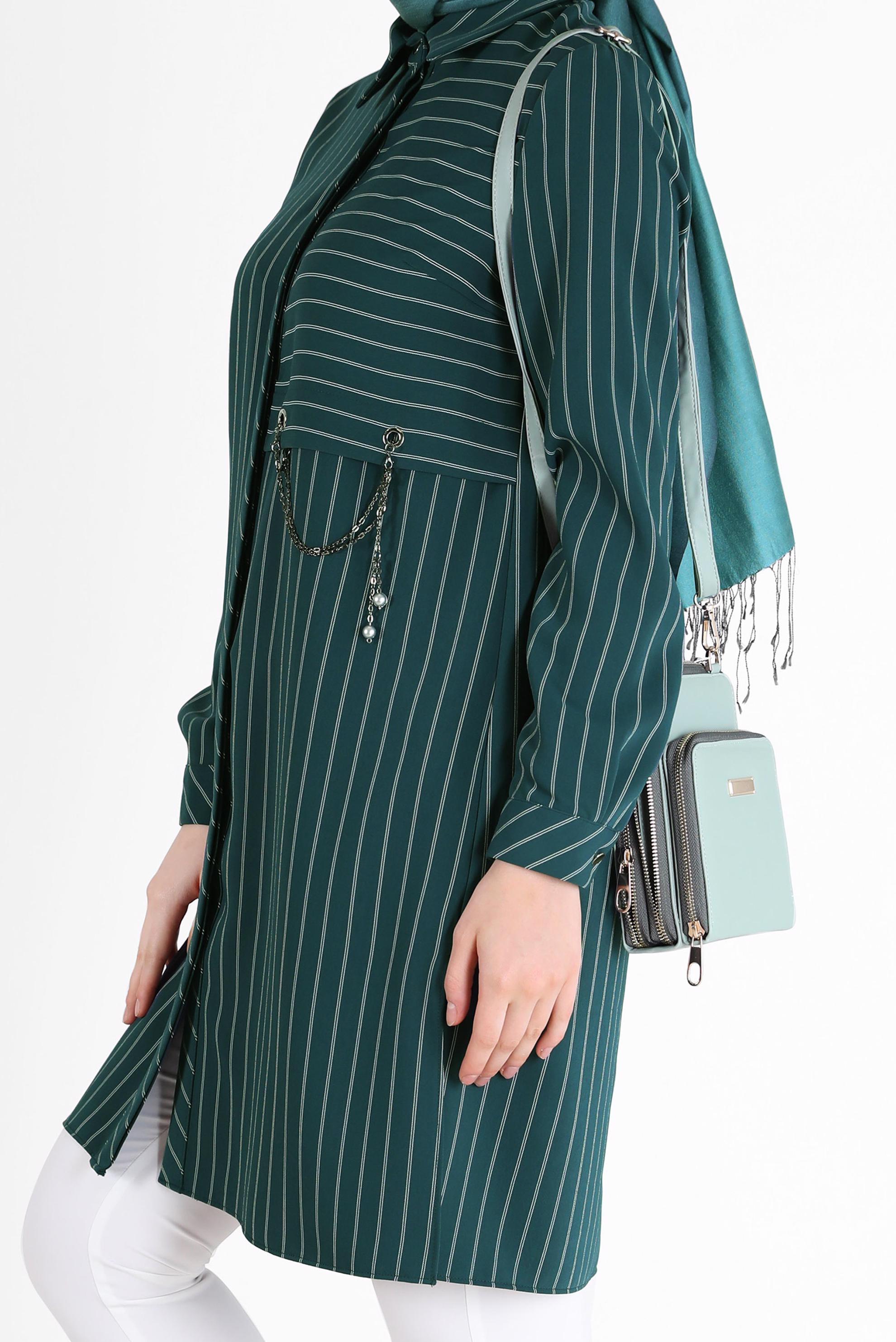 Tesettür giyim YEŞİL ZİNCİR DETAYLI ÇİZGİLİ TUNİK 42362 