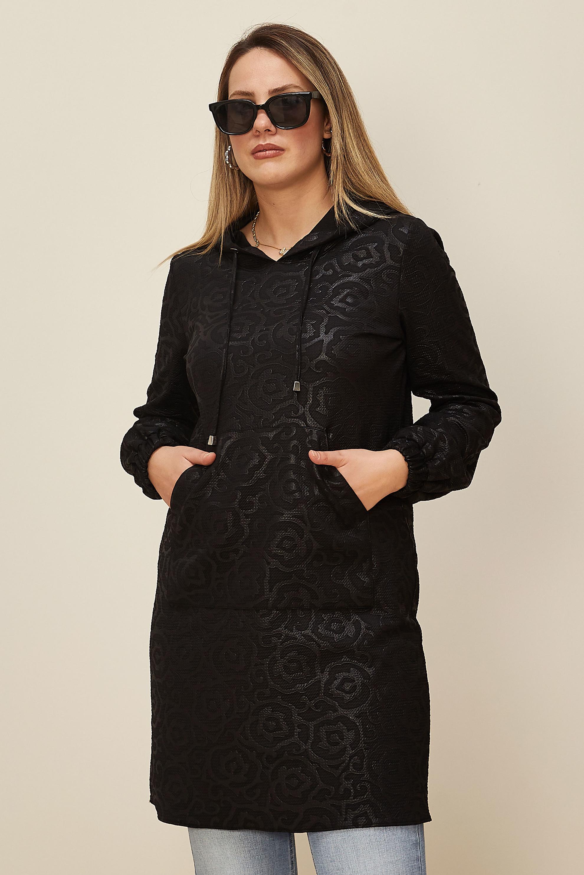 Hijab clothing BLACK PATTERNED HOODED TUNIC WITH POCKET 42368 