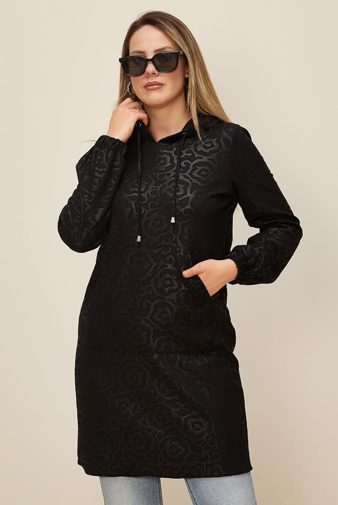 Tesettür giyim SİYAH DESENLİ CEPLİ KAPÜŞONLU TUNİK 42368  - ALVİNA