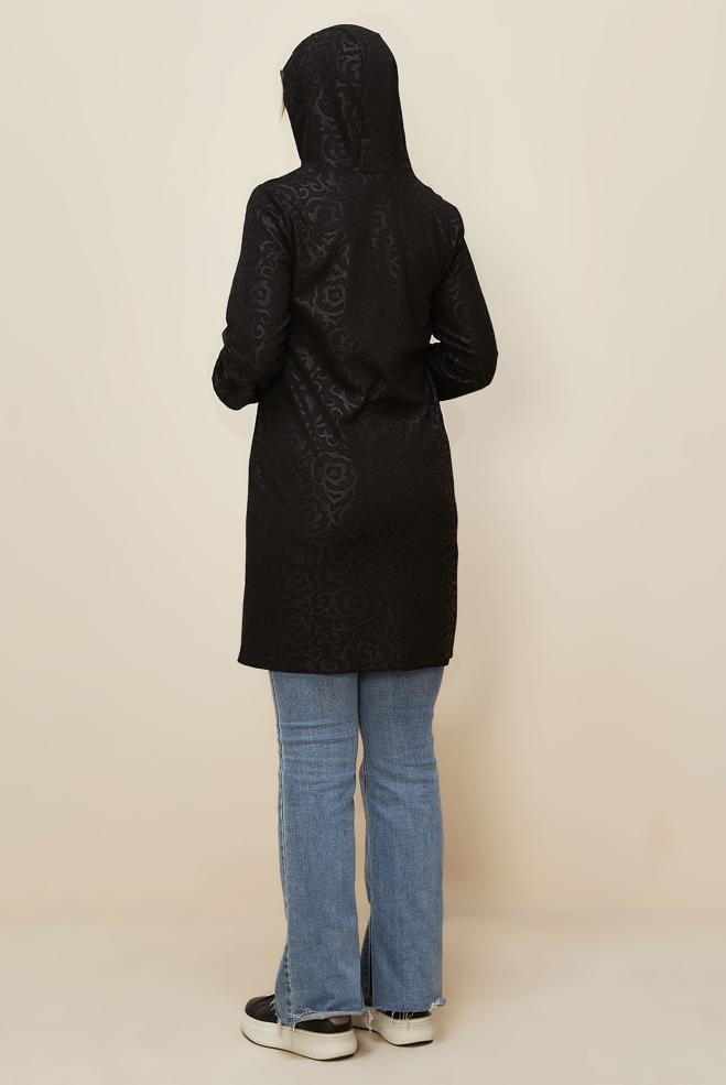 Tesettür giyim SİYAH DESENLİ CEPLİ KAPÜŞONLU TUNİK 42368  - ALVİNA