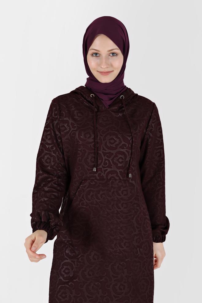 Tesettür giyim BORDO DESENLİ CEPLİ KAPÜŞONLU TUNİK 42368  - ALVİNA