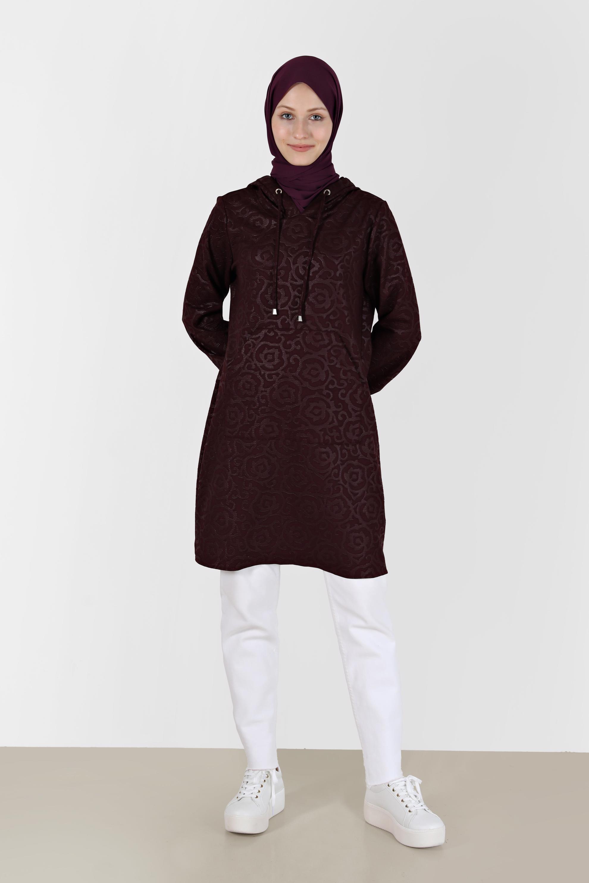 Hijab clothing CLARET RED PATTERNED HOODED TUNIC WITH POCKET 42368 