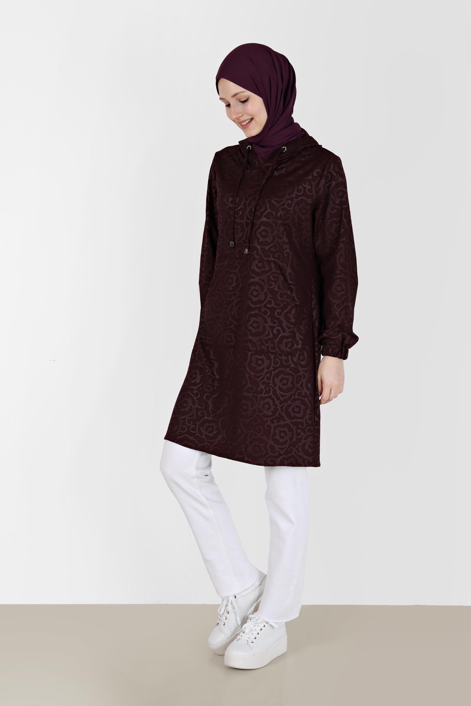 Hijab clothing CLARET RED PATTERNED HOODED TUNIC WITH POCKET 42368 