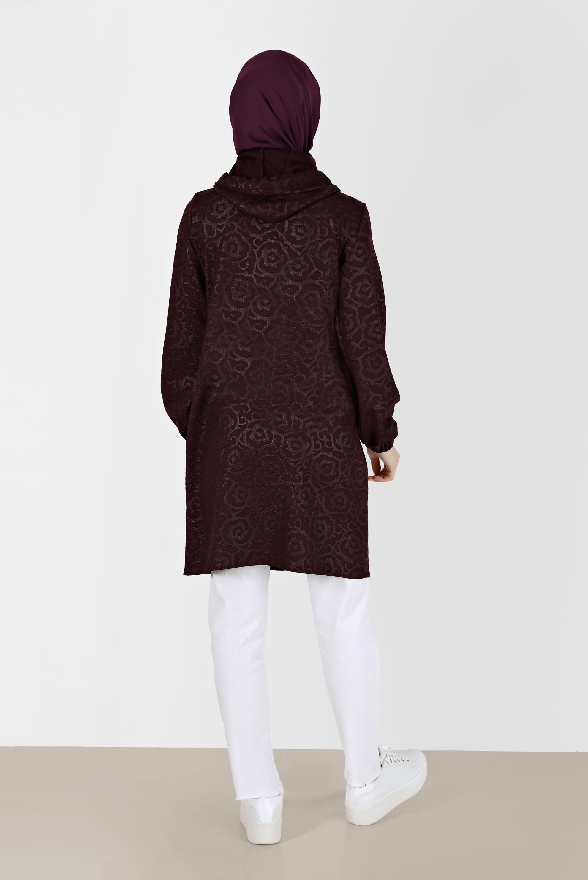 Hijab clothing CLARET RED PATTERNED HOODED TUNIC WITH POCKET 42368 