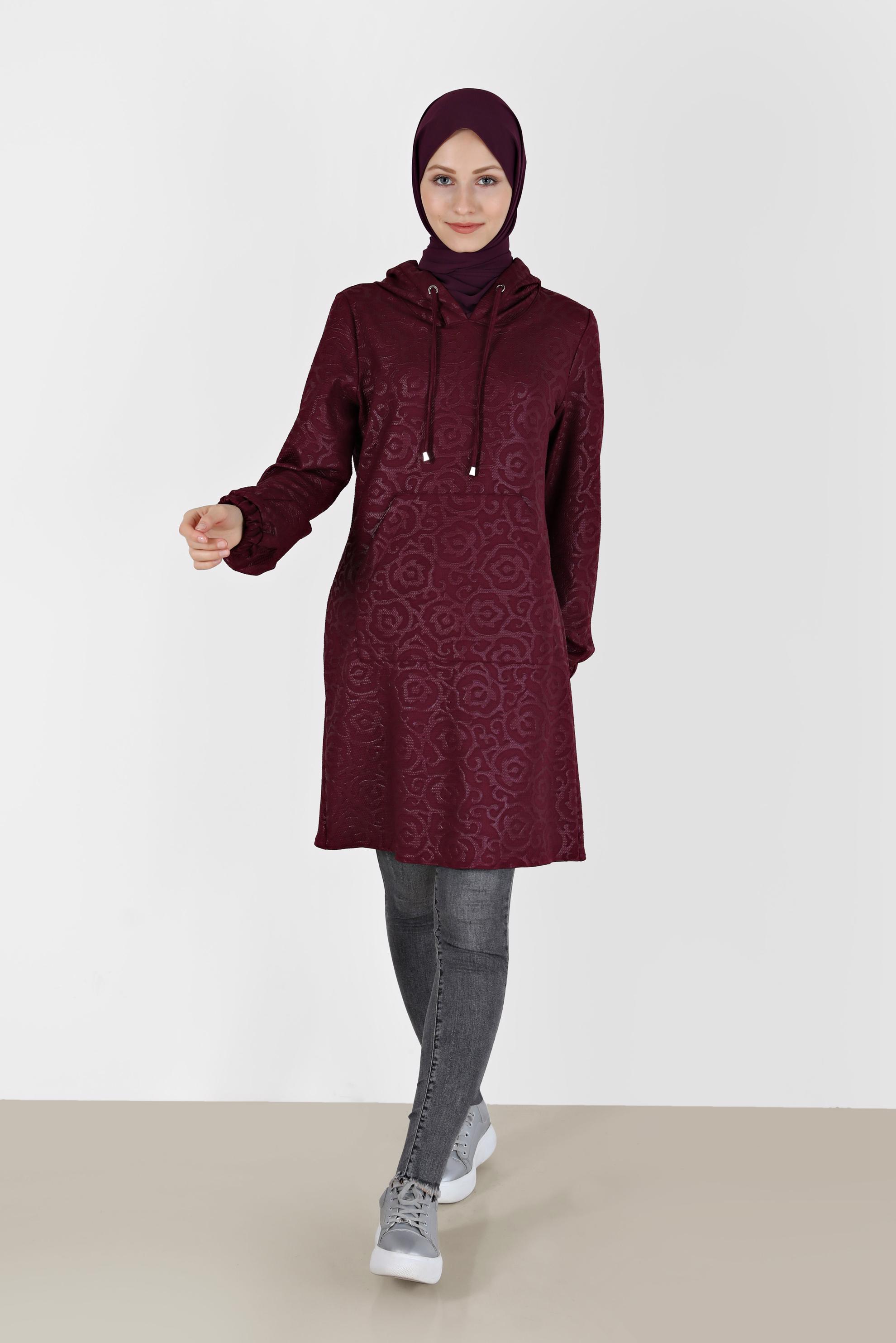 Hijab clothing FUCHSIA PATTERNED HOODED TUNIC WITH POCKET 42368 