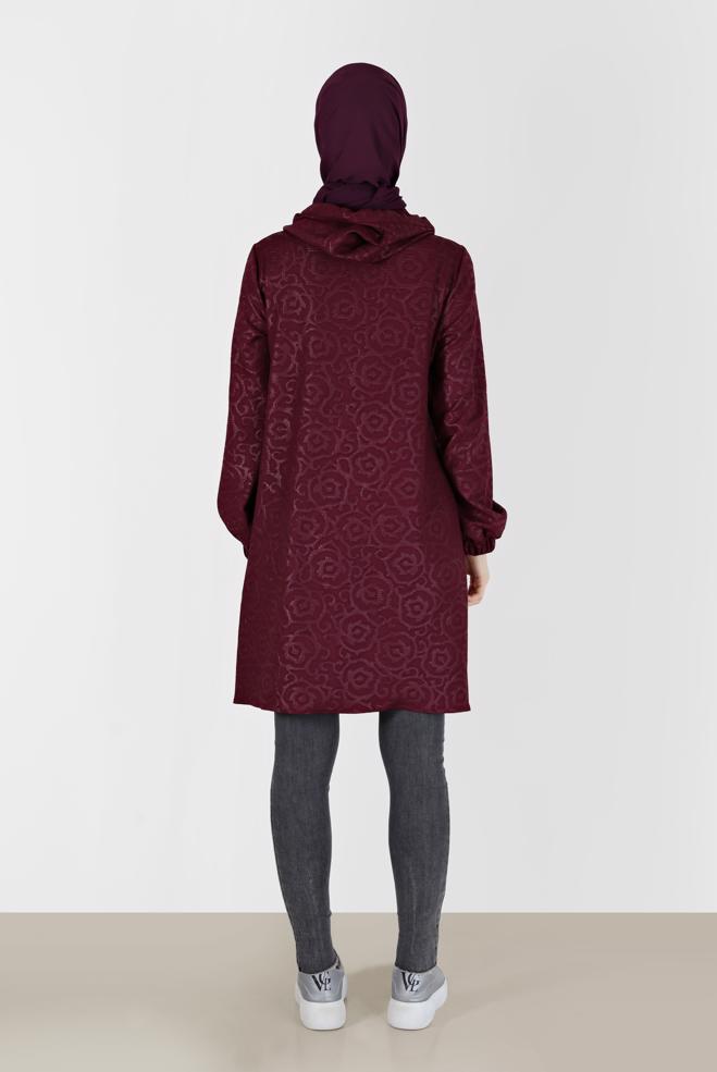 Tesettür giyim FUŞYA DESENLİ CEPLİ KAPÜŞONLU TUNİK 42368  - ALVİNA