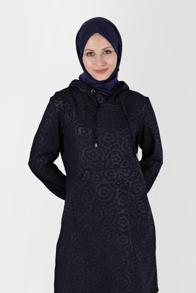 Vêtements hijab  TUNIQUE À CAPUCHE À MOTIFS AVEC POCHE 42368 - ALVİNA