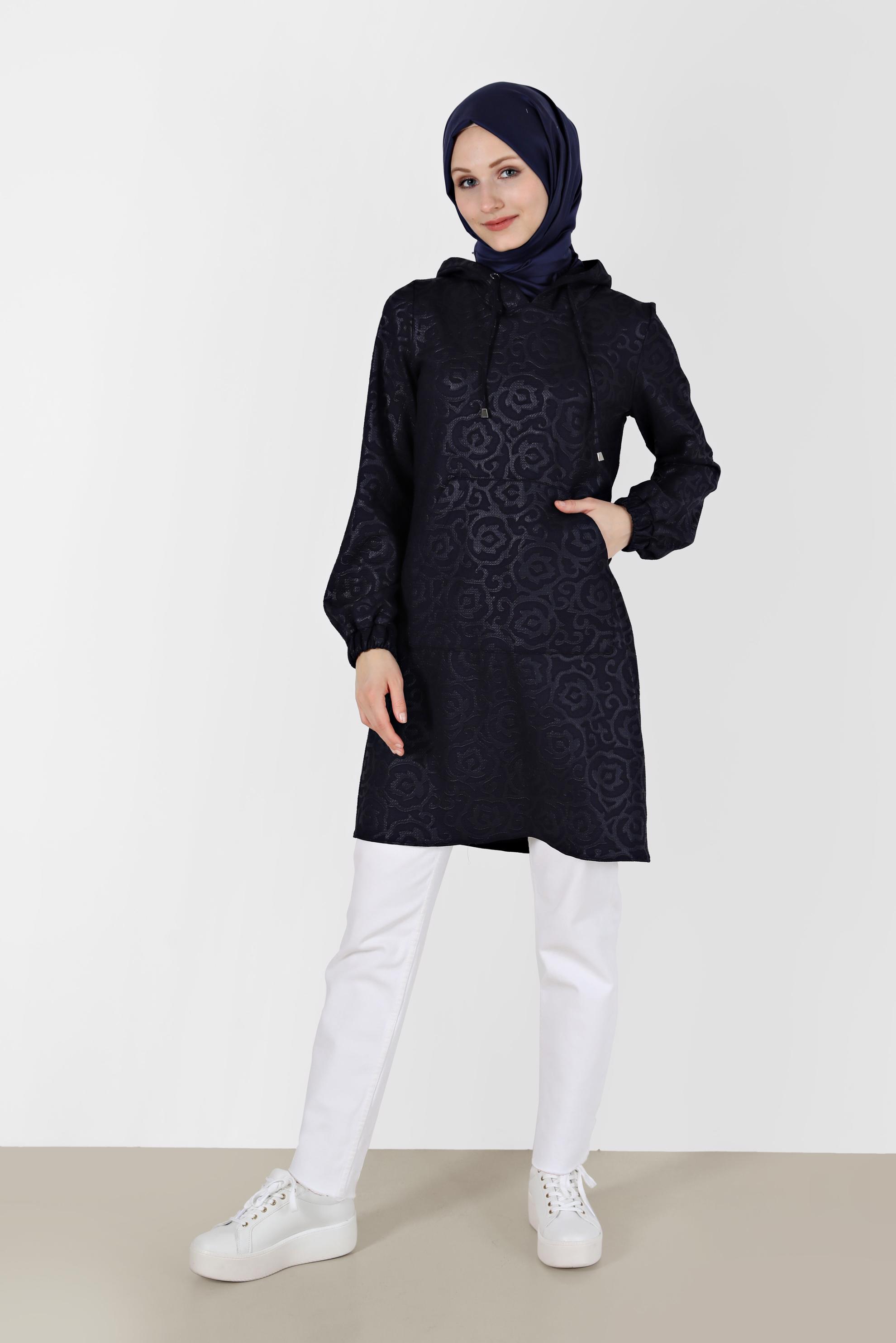Vêtements hijab BLEU MARINE TUNIQUE À CAPUCHE À MOTIFS AVEC POCHE 42368