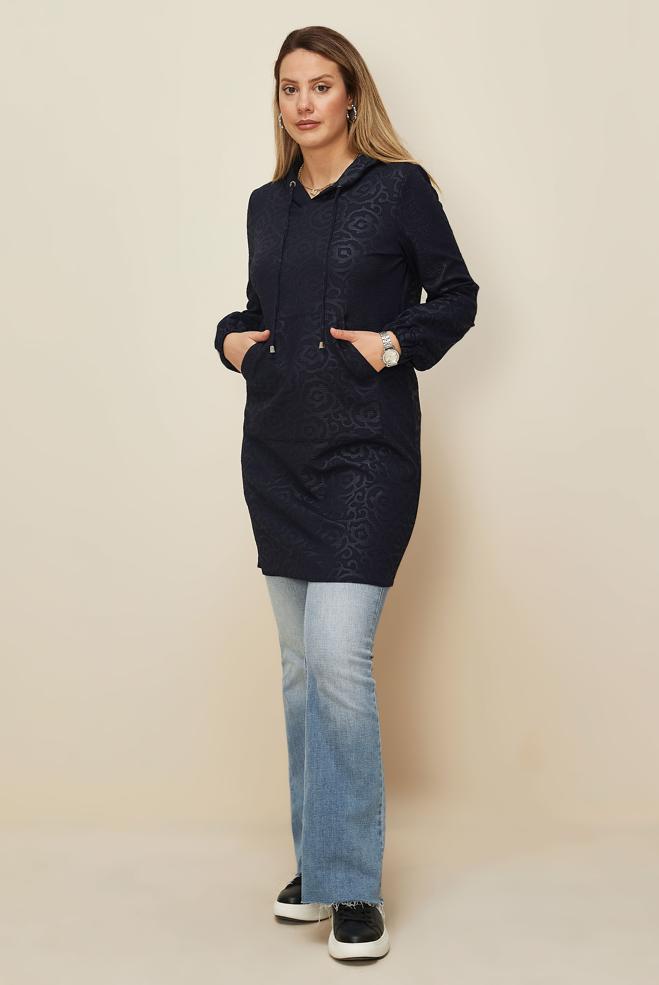 Tesettür giyim LACİVERT DESENLİ CEPLİ KAPÜŞONLU TUNİK 42368  - ALVİNA