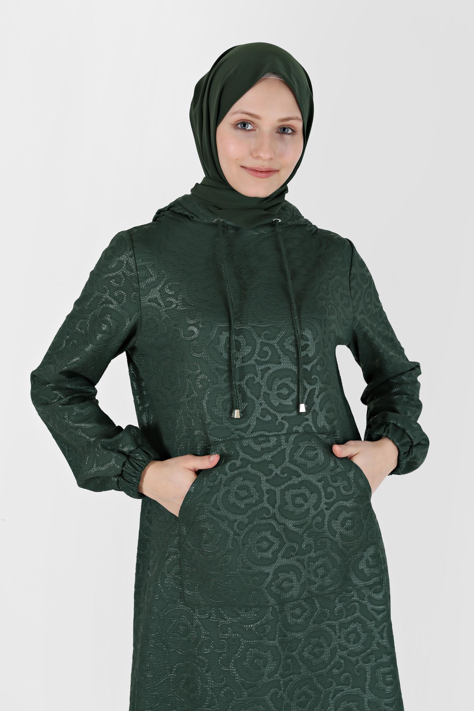 Hijab clothing GREEN PATTERNED HOODED TUNIC WITH POCKET 42368 