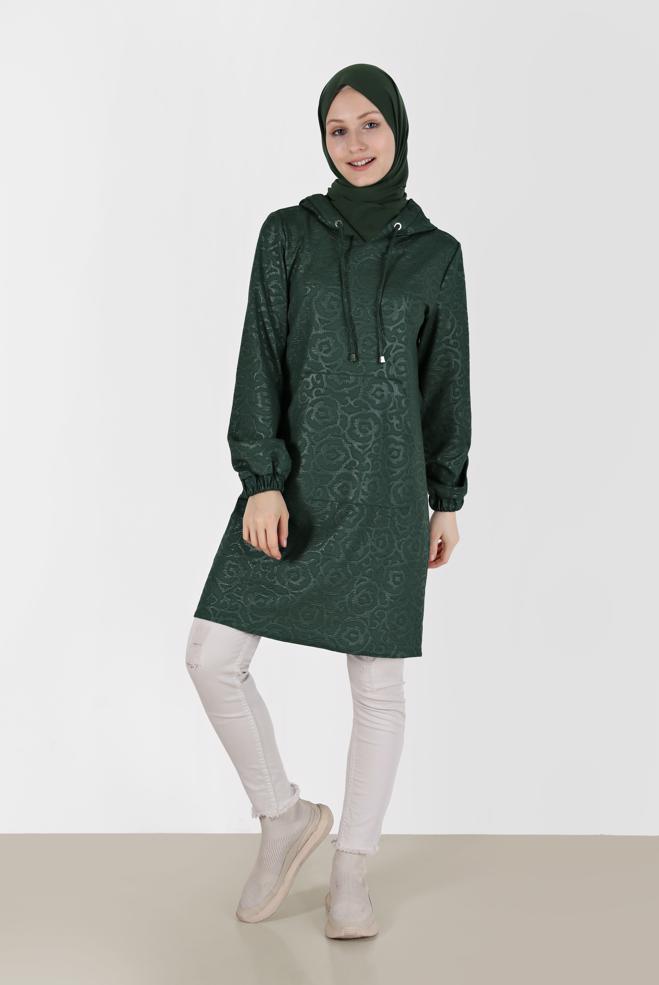 Tesettür giyim YEŞİL DESENLİ CEPLİ KAPÜŞONLU TUNİK 42368  - ALVİNA
