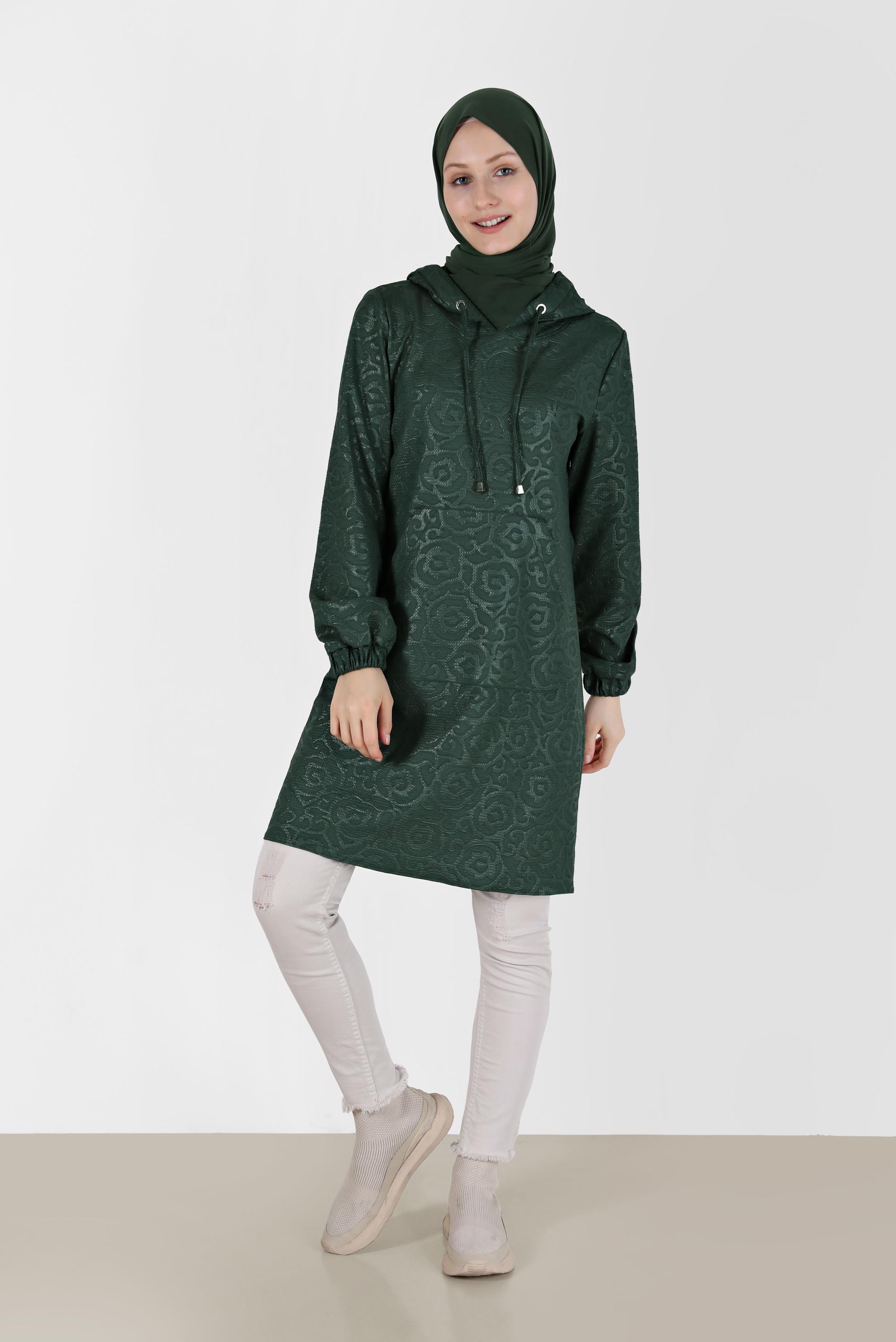 Hijab clothing GREEN PATTERNED HOODED TUNIC WITH POCKET 42368 