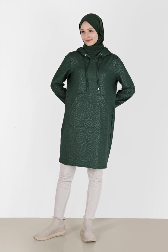 Tesettür giyim YEŞİL DESENLİ CEPLİ KAPÜŞONLU TUNİK 42368  - ALVİNA
