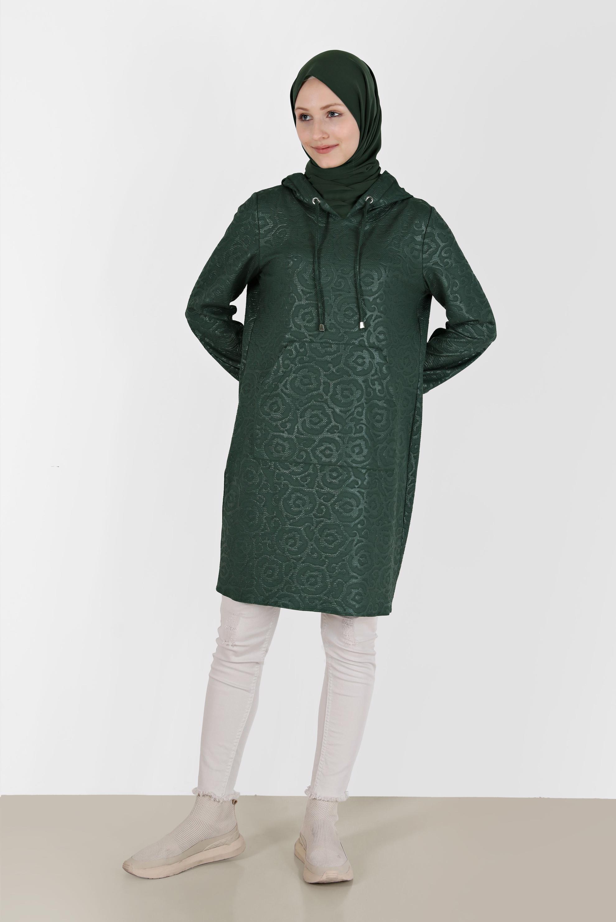 Hijab clothing GREEN PATTERNED HOODED TUNIC WITH POCKET 42368 